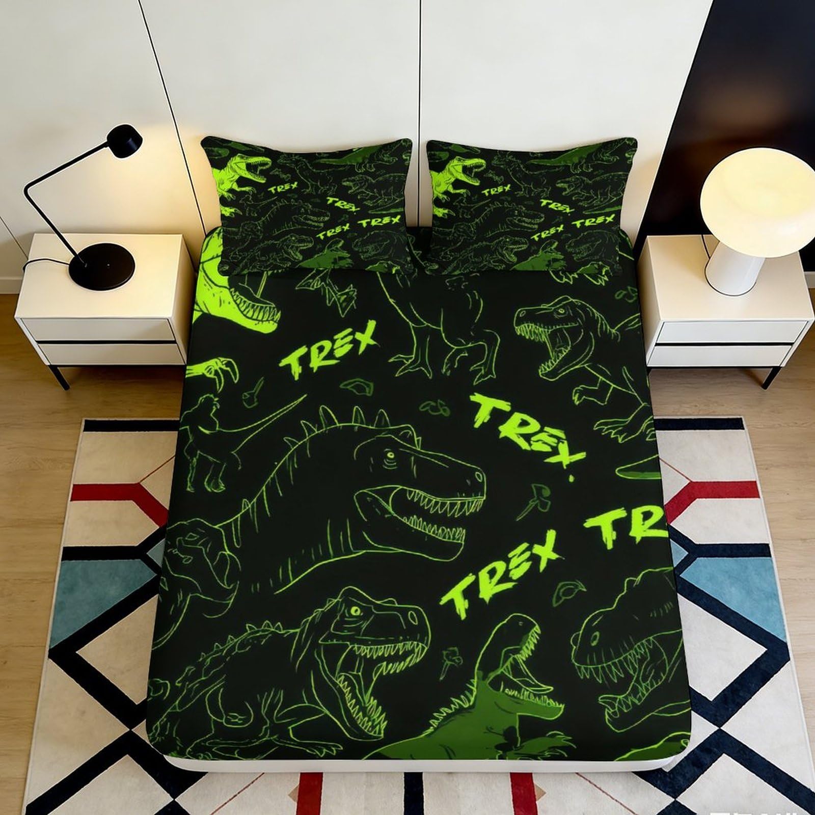 3D Printed Neon Dinosaur T-Rex Fitted Sheet Microfiber Anti-Slip Bed Cover for Bedroom Dorm Machine Washable 180x200x25cm
