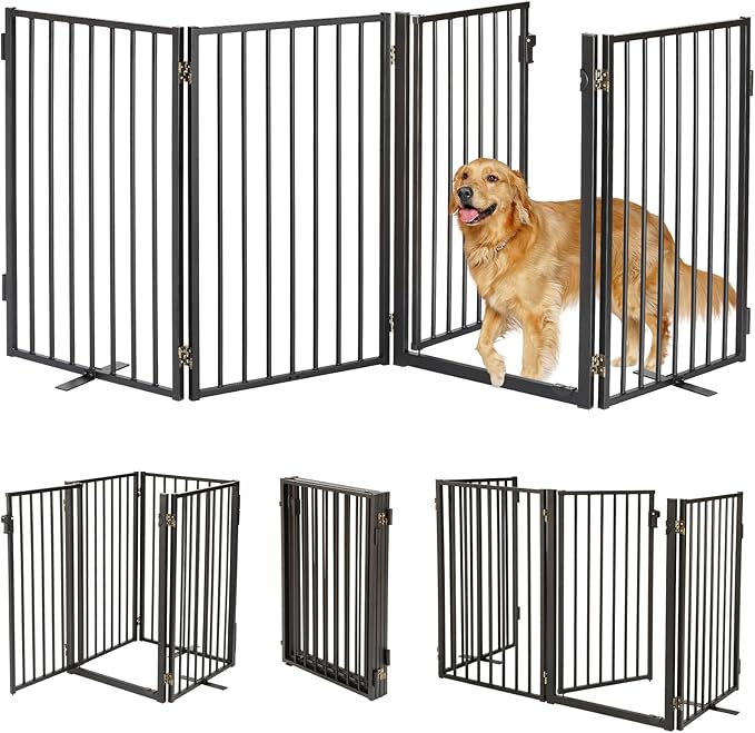 Metal Freestanding Dog Gates with Door for Outdoor Indoor,80'' Extra Wide 32'' Tall Free Standing Dog Gate for Doorways,Large Openings,Deck,Yard,Foldable Safety Pet Fence(Black,4 Panels)