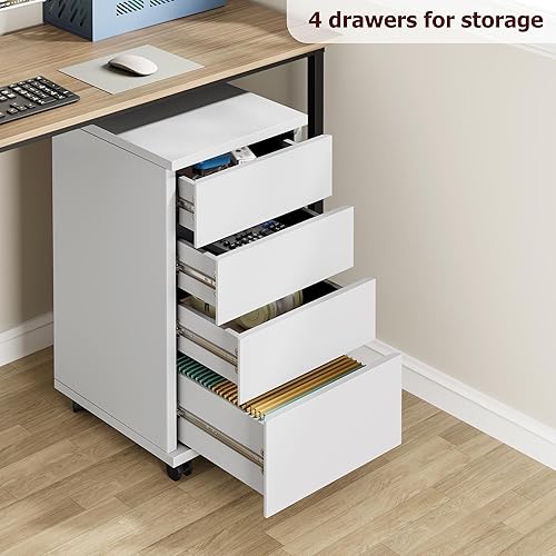 Miniatura 5 de Cómoda de 4 cajones, armario de almacenamiento de madera con ruedas, pedestal rodante debajo del escritorio, para oficina en casa, tamaño
