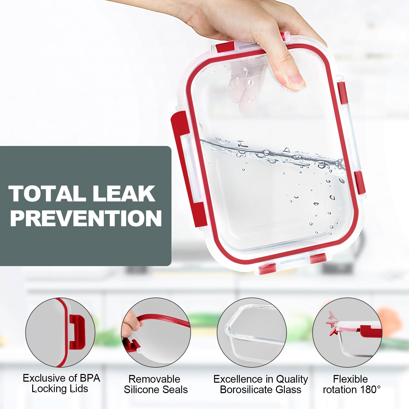 VERONES 10 Stück 625 ml Glas-Mahlzeiten-Vorbereitungsbehälter, luftdichtes Glas-Lunchbehälter-Set, Glas-Frischhaltedosen mit Deckel, exklusiv von BPA, für Mikrowelle, Backofen, Gefrierschrank und
