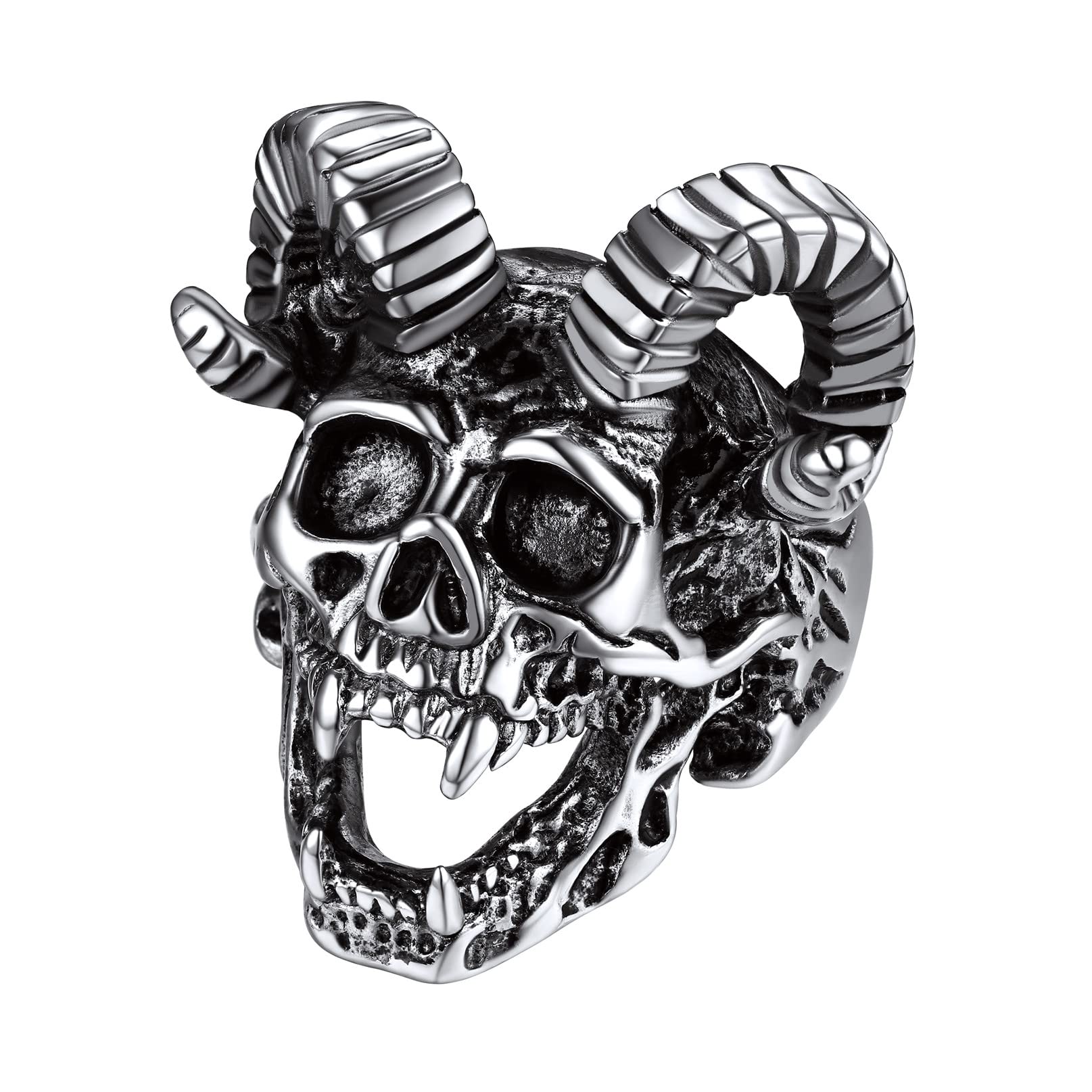 Bandmax Anillo Grueso Calavera de Cabra Baphomet, Talla 57 Acero Platino