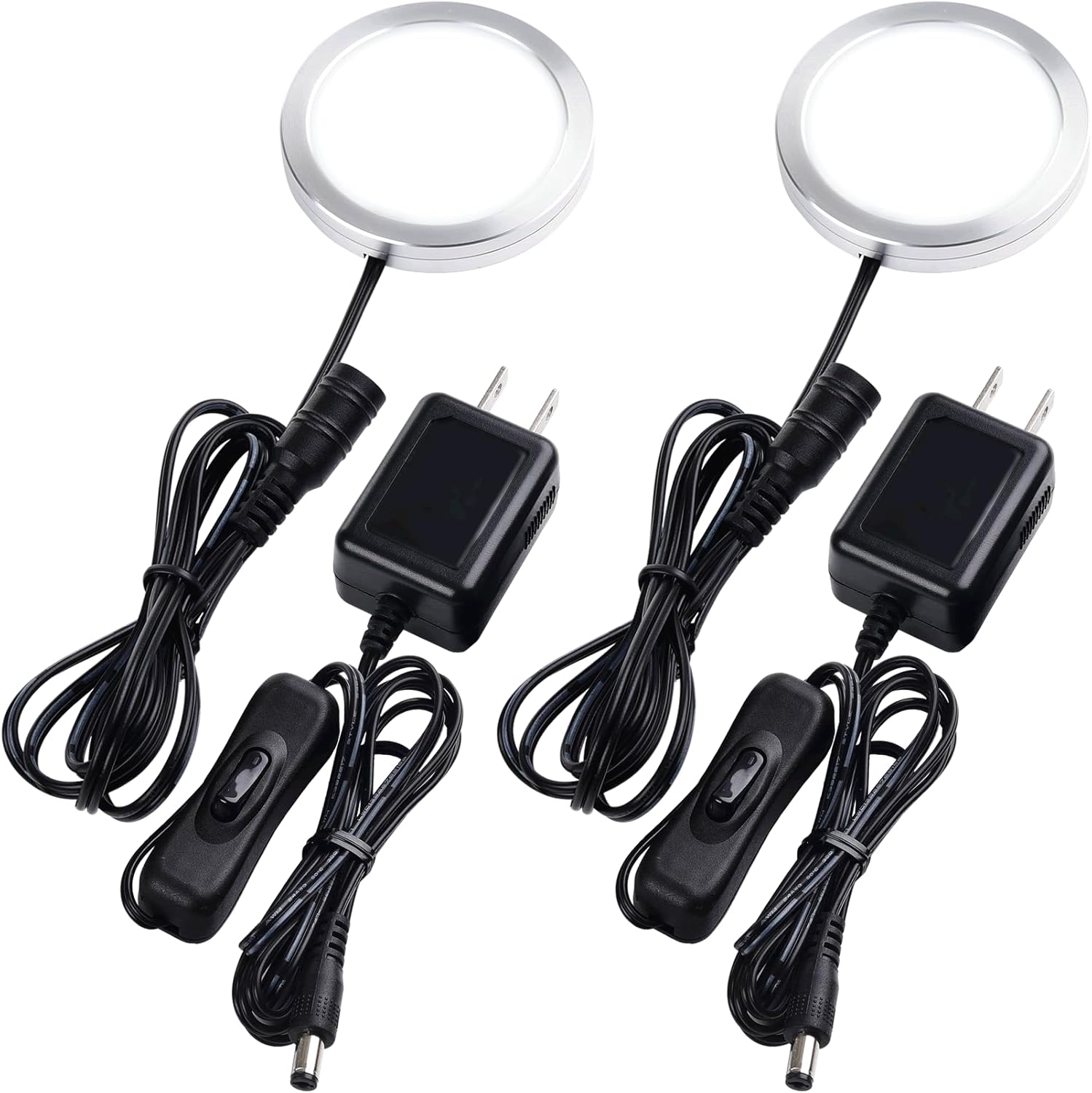 Single Under Cabinet LED Puck Light, Curio Display Case Shelf Counter Accent Lighting, 120V Electric Wired Wall Plug in, On Off Switch, Black Cords, 2 Packs, Daylight