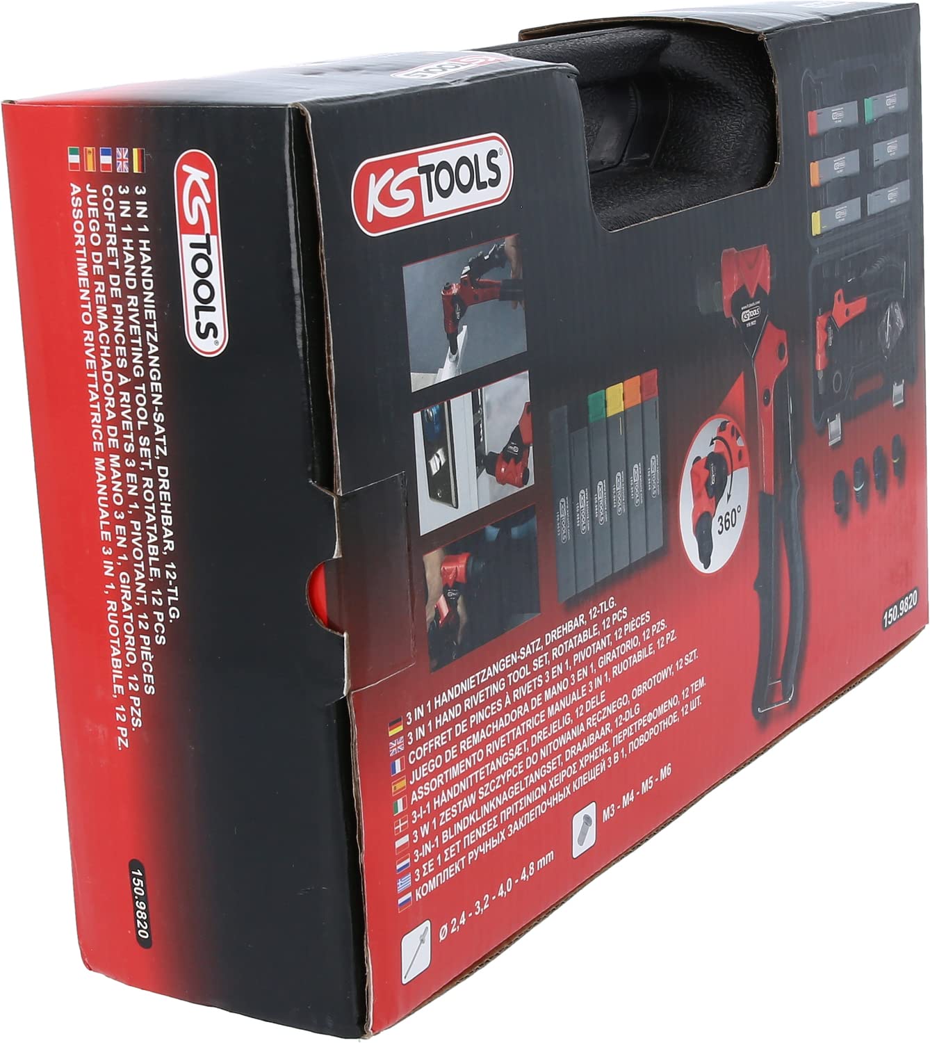 KS Tools 150.9820 3 en 1 - Juego de remachadoras giratorias (12 piezas)