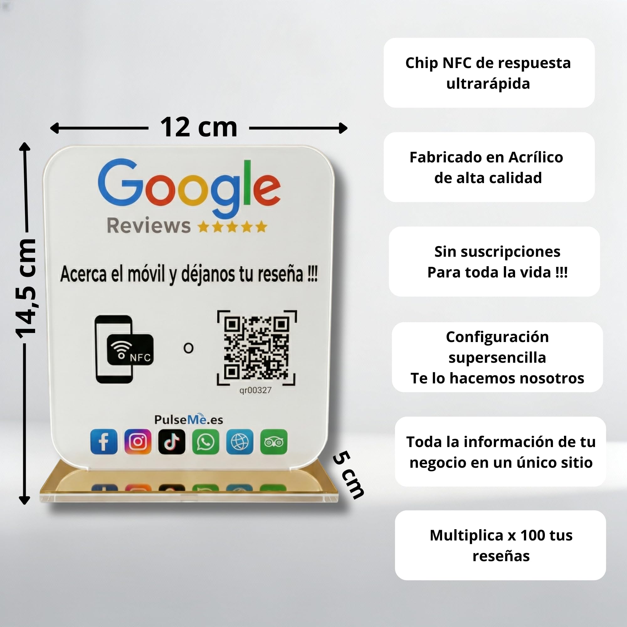 Placa NFC + QR Todo-en-Uno:Conecta tus Redes Sociales y dispara tus Reseñas |Mini Web Incluida|Filtro AntiNegativas|Sin Cuotas|Ideal Hostelería, Comercios (1 Acrilico en Castellano)