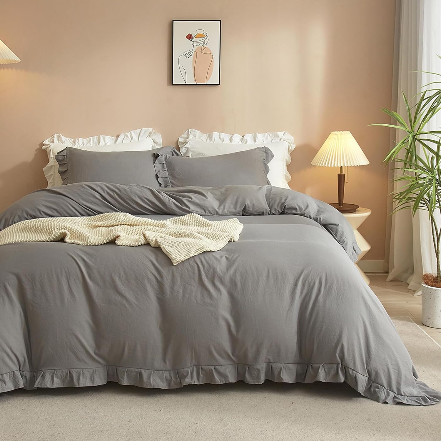 Lanqinglv Set di biancheria da letto 200 x 220 cm, in cotone beige, morbido cotone, 1 copripiumino rinforzato + 2 federe 80 x 80 cm, con chiusura lampo