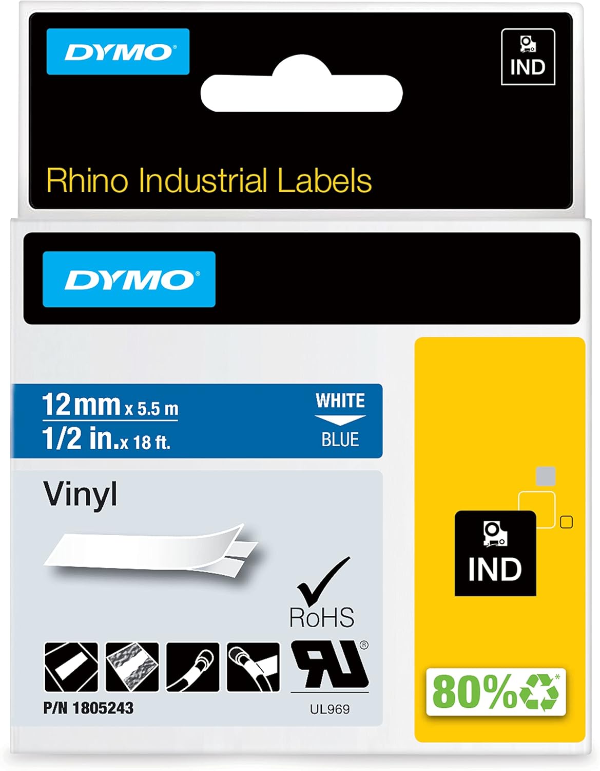 DYMO Industrial Labels for DYMO Industrial Rhino Label Makers, White on Blue, 1/2", 1 Roll (1805243)