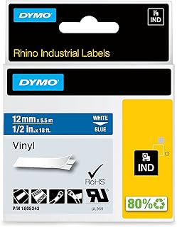 DYMO Rhino etiquetas industriales de vinilo | 12 mm x 5,5 m | de color negro sobre fondo azul