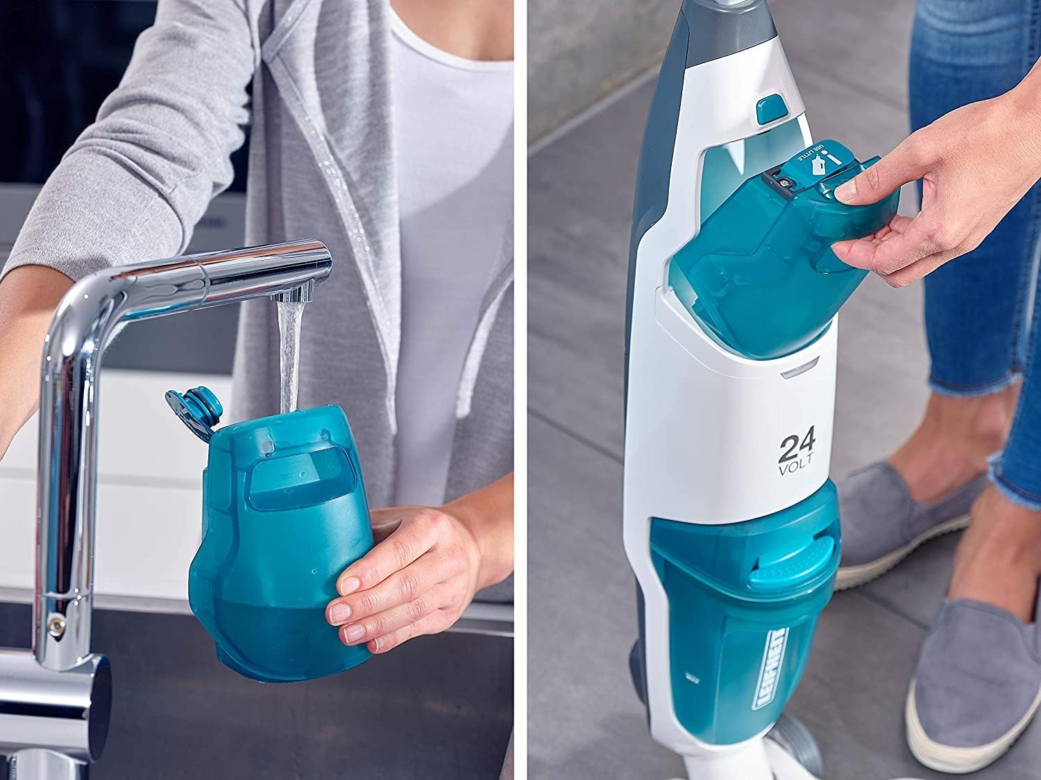 User filling the clean water tank of the Leifheit Regulus Aqua PowerVac from a faucet.