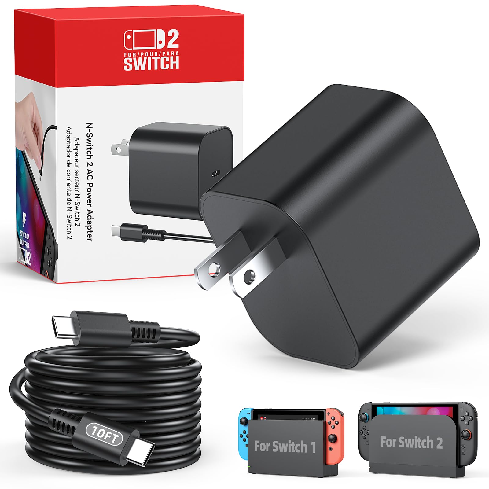 Switch 2 Charger with 10FT(3M) Charging Cable - 60W Support 4K TV Dock Mode, Supply 20V/3A Fast Cord for Switch/OLED/Lite&amp;Steam Deck/Xbox 360 Console - Original Quality (10FT)