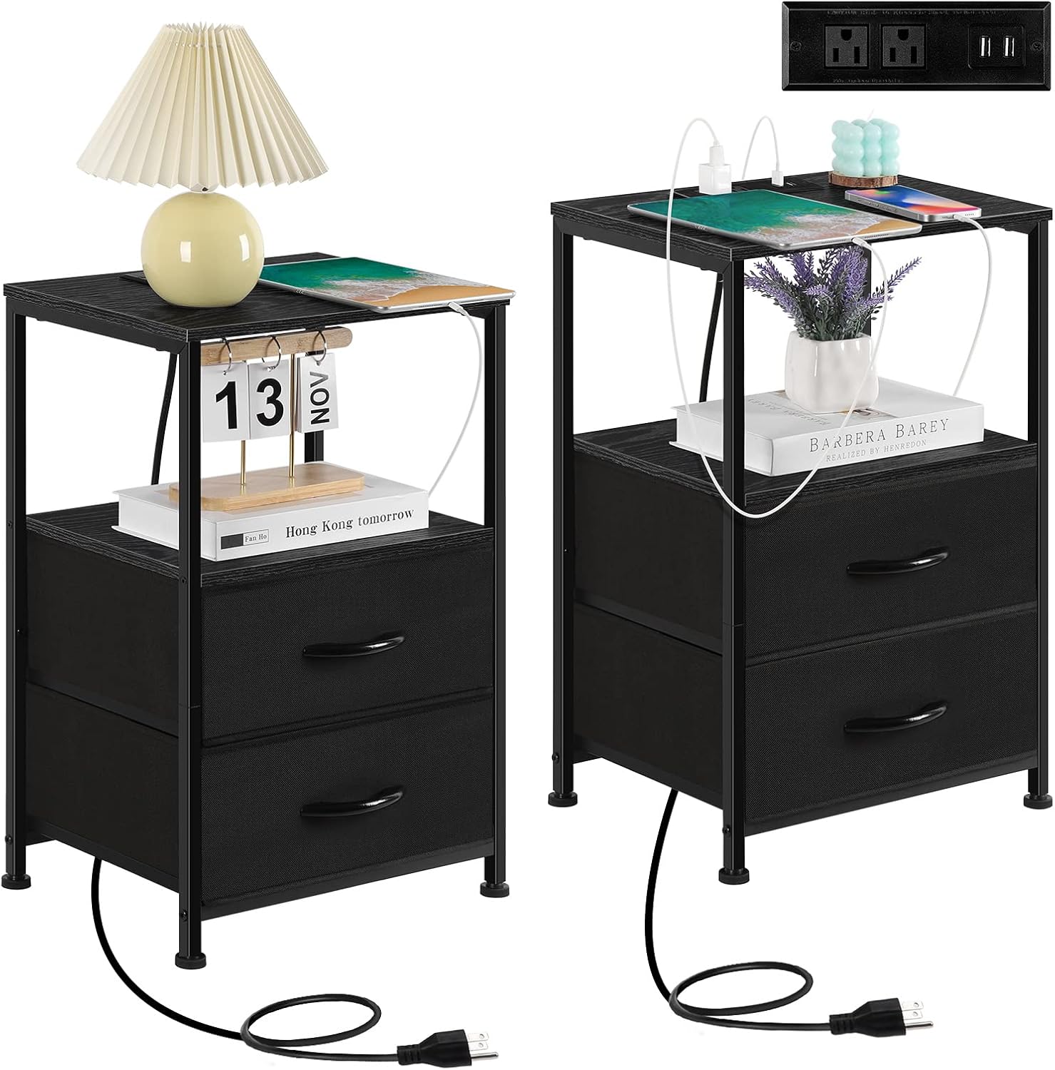 Vrisa Black Nightstands Set of 2 Bed Side Table with