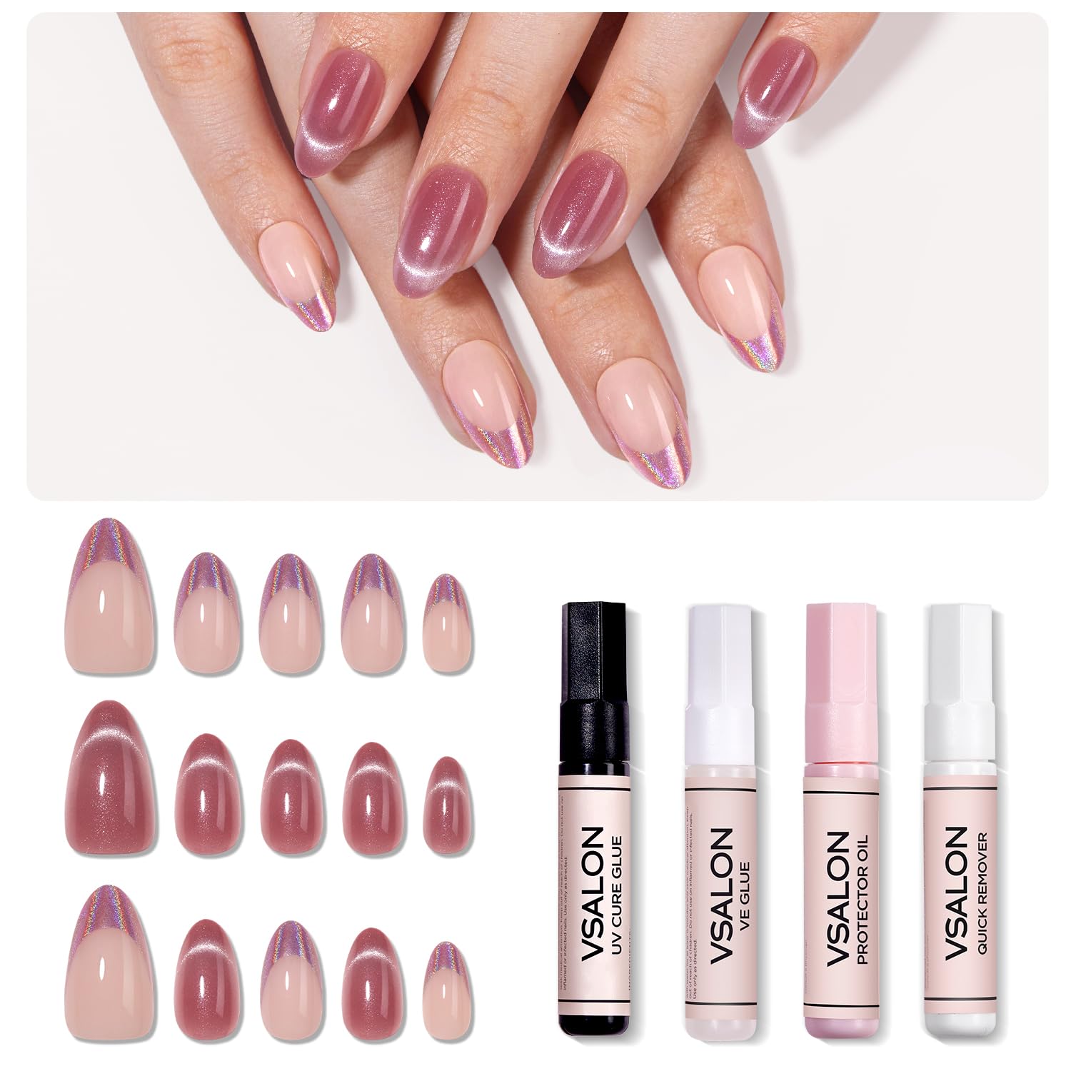 VSALON Short Almond Press-On Nails, 42 Count (Pack of 1), French Tip & Cat Eye, Cream Finish, Plastic, 16 Sizes & 10 Alternative Nails, UV Glue, Easy Tabs, Remover (Rose Sweetheart)