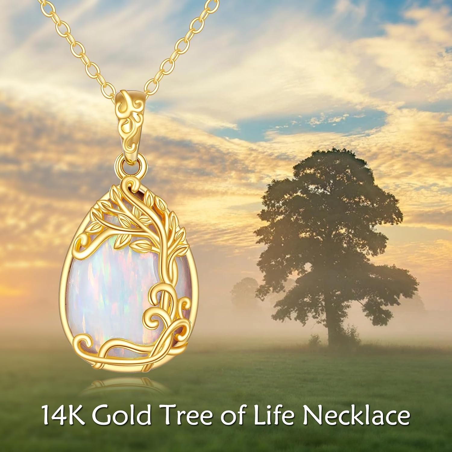 DOVRAN 14K Solid Gold Tree of Life Necklace for Women White Opal Teardrop Shape Jewelry Gifts