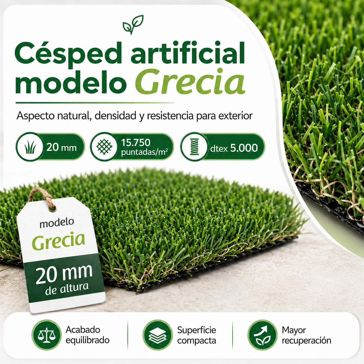 Césped Artificial Premium 20mm, Rollo 2x20 Metros, Modelo Grecia, 15.750 Puntadas, 5.000Dtex. Máximo Realismo, Alta Densidad, Ideal para Exteriores, Piscinas, Terrazas y Jardín