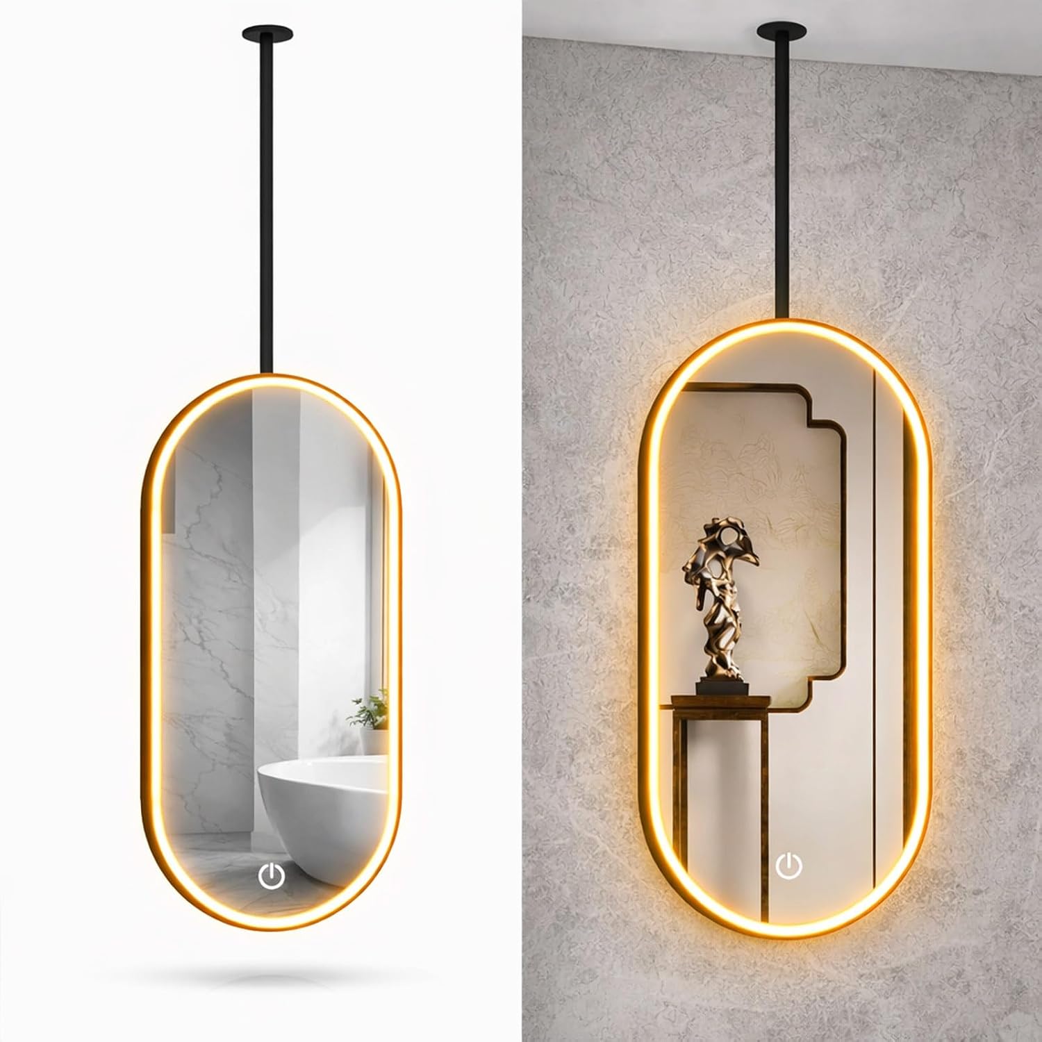 Metal Pole Ceiling Suspended Mirror Bathroom Mirror for Over Sink Oval Bathroom Vanity Mirror with Hanging Rod Bathroom Vanity Mirror for Entryway Cloakroom Bedroom Hallway(Black+LED,16x28 in)