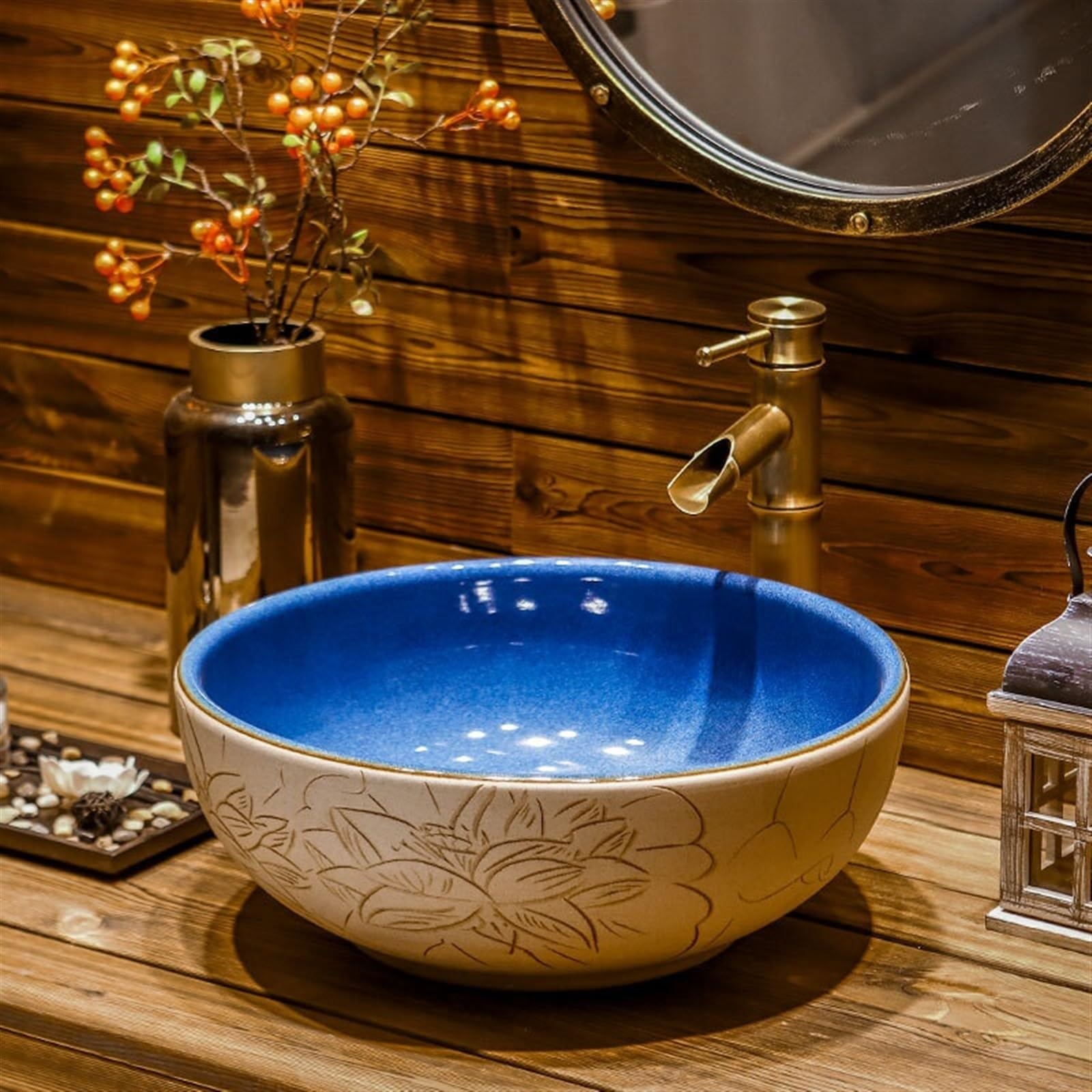 Ręcznie rzeźbiona antyczna ceramiczna okrągła umywalka łazienkowa - łatwa do czyszczenia umywalka na balkon i artystyczna dekoracja elegancki design nowoczesne domy