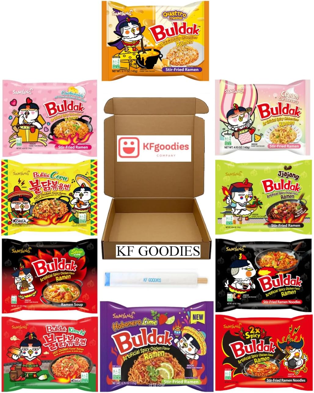 KF GOODIESSamyang Buldak Hot Spicy Chicken Ramen Noodle Ramen Korean Sautéed (10, Carbonara, Cream Carbonara, Kimchi, Stew, Jjajang, 2X Spicy, Habanero Lime, Corn, Quattro Cheese, Original