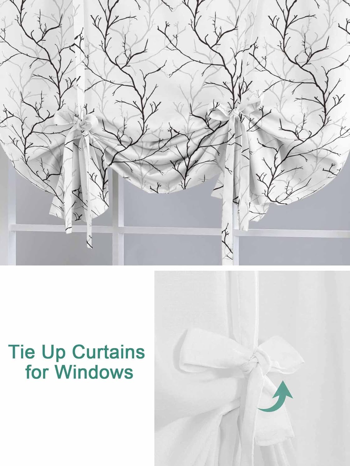 Black White Branches Tie Up Curtain Valance for Window, Adjustable Rod Pocket Window Curtains Shades, Vintage Art Farmhouse Light Filtering Valance Drapes for Living Room Bathroom Bedroom 52"x63"