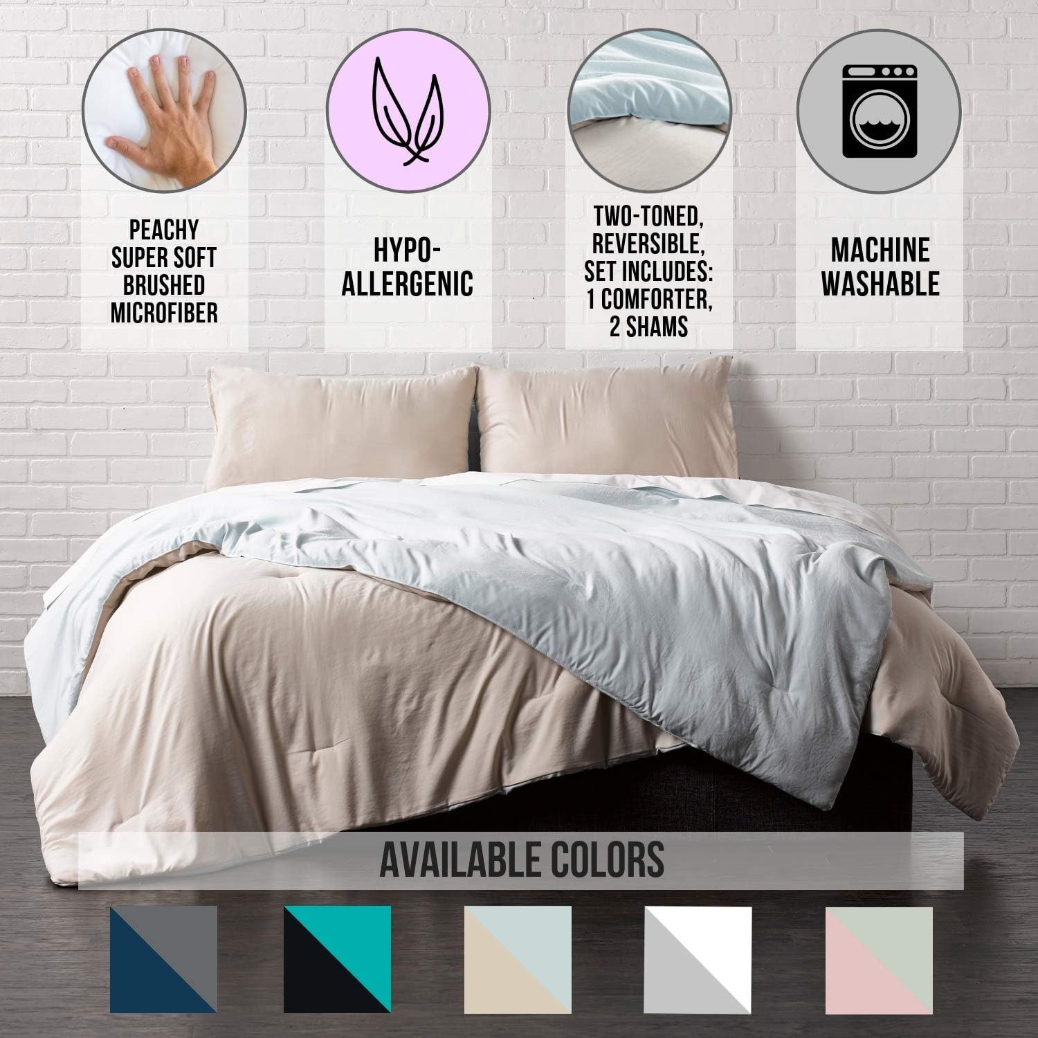 Ella Jayne Reversible Brushed Microfiber Plush Down-Alternative Comforter (60"x90") + 1 Sham (20"x26") Bedroom Set - Seafoam/Linen - Twin