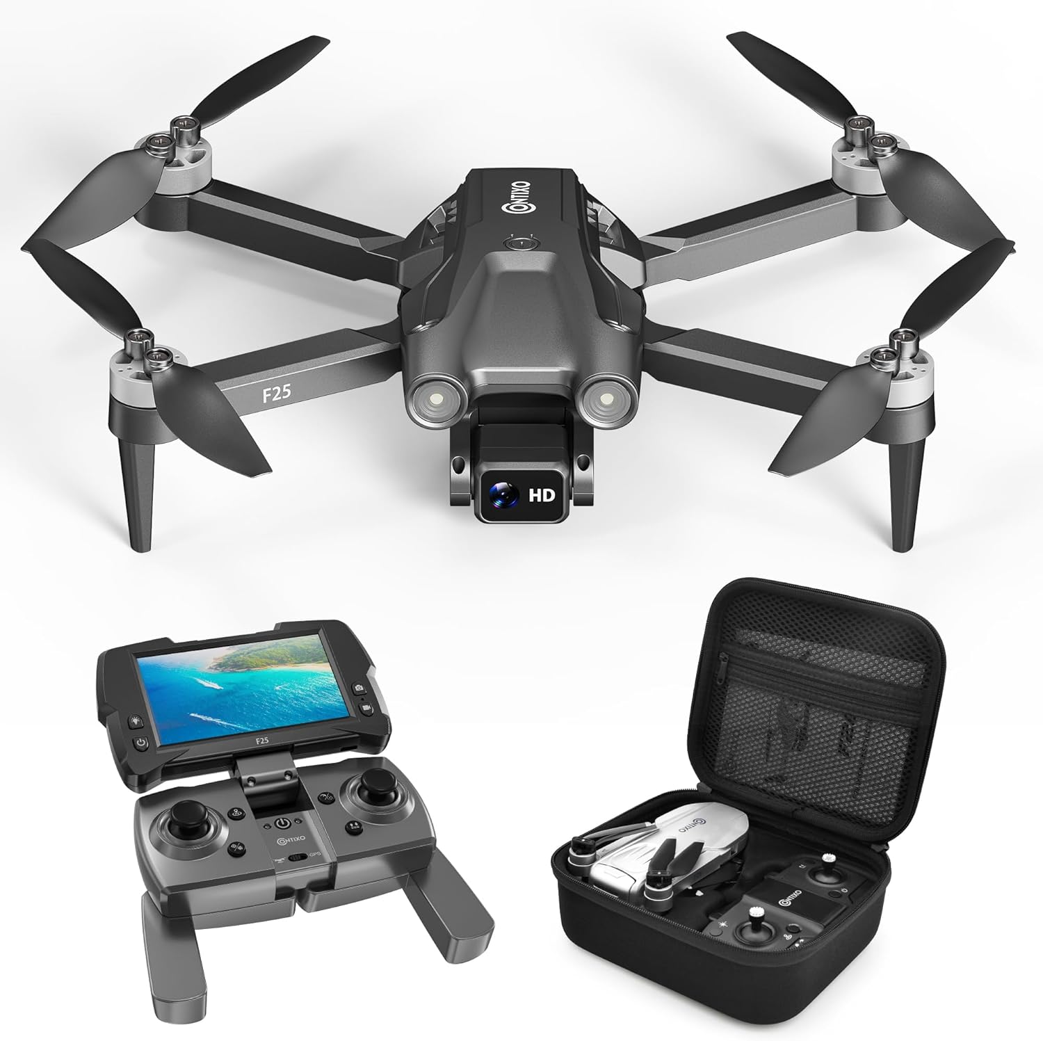 Contixo F25 GPS Drone for Adults with 1080p HD Camera, 4.3″ FPV RC Screen Included, Waypoint Flight, Orbit Mode, Selfie Mode, Altitude Hold, 16 Min Flight, Carrying Case, Landing Pad, 5.9oz/167g