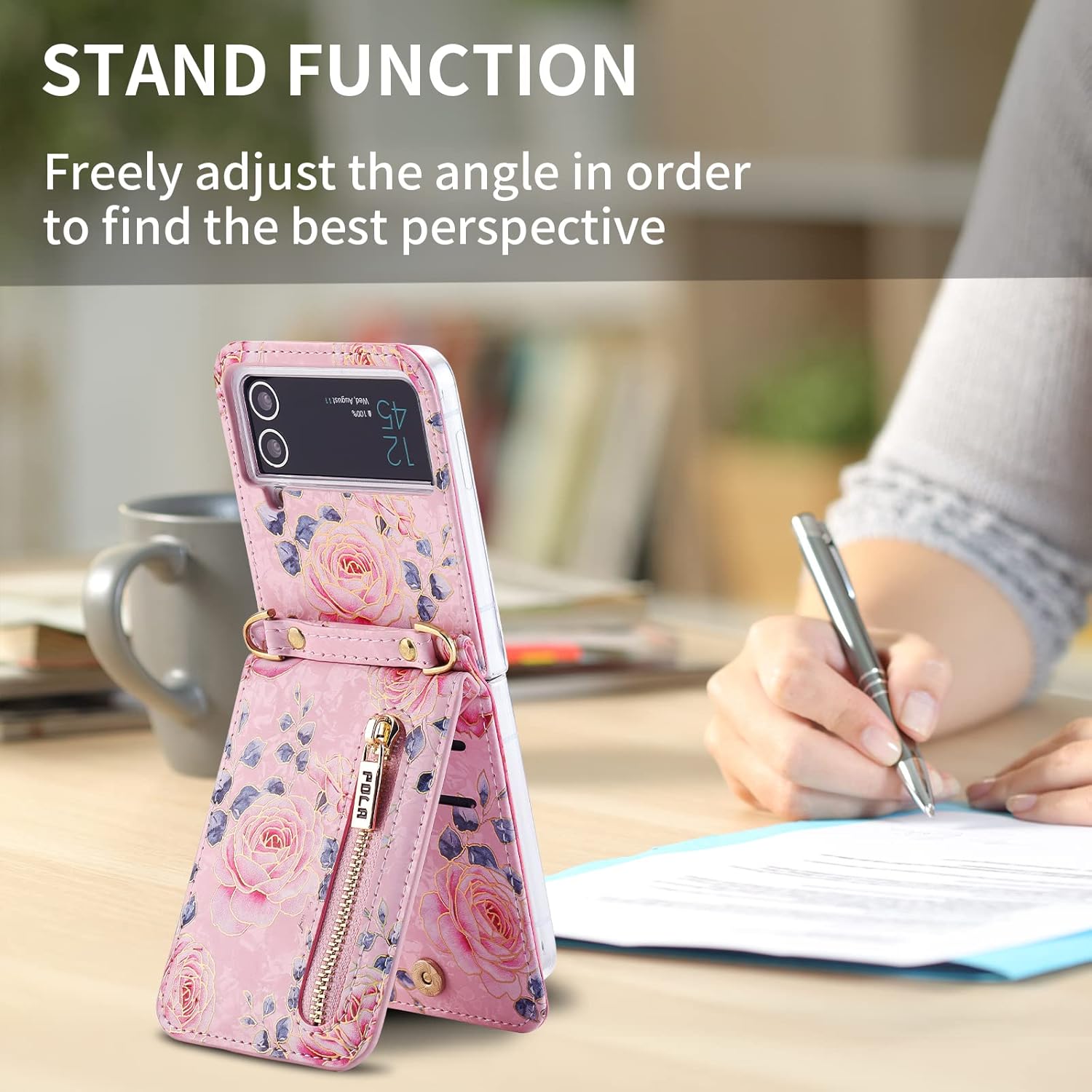 for Samsung Galaxy Z Flip 3 5G Flower Credit Card Holder Wallet Case with Strap, Rose Pattern Crossbody Purse Floral Kickstand for Women, Cute and Charming.(Pink)