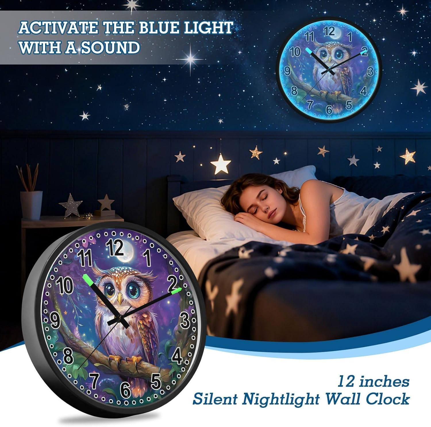 ALAZA 12 Cute Owl Moon Lighted Wall Clock Battery Operated 12 Inch Silent Non Ticking Clock for Bedroom Office Living Room Decor