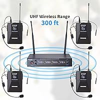 Vista 5 de Sistema de micrófono inalámbrico UHF de 4 canales con micrófonos de auriculares Lavalier, frecuencias ajustables de 4 x 50, ideal para reuniones