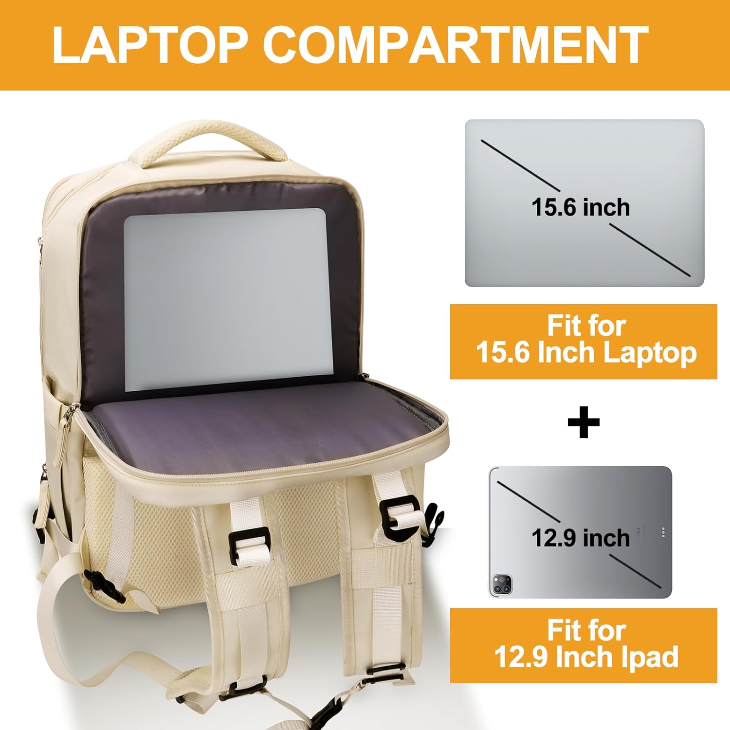 Large 40L Travel Backpack – Airline & Flight Approved Carry-On Luggage, Waterproof, Durable & Lightweight Design for College, Outdoor Sports & Weekend Getaways – Cream - Image 5