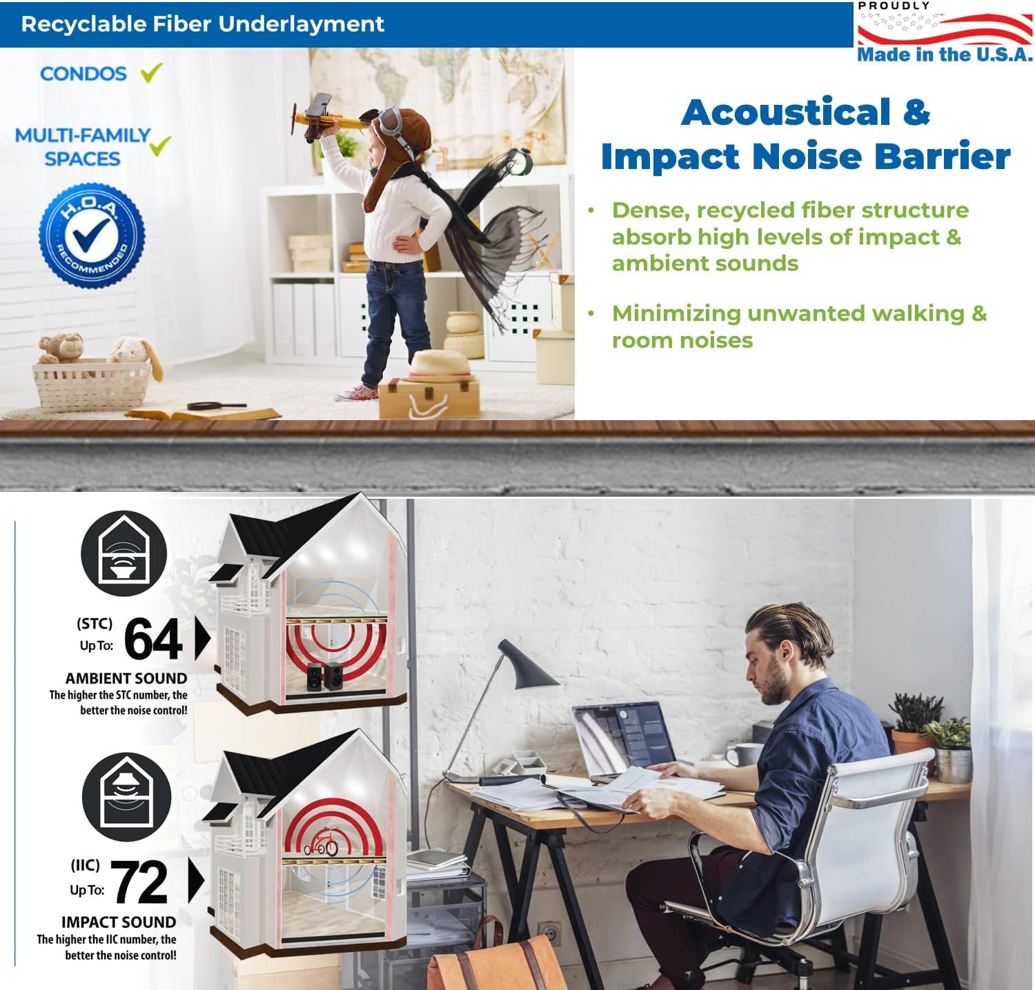 QuietBoard QBOARD23 Floor Lifting Sound & Moisture Barrier Recycled Fiber Underlayment, 90 sq.ft. 2 ft x 3 ft 6 mm, Gray, 6 Count - - 