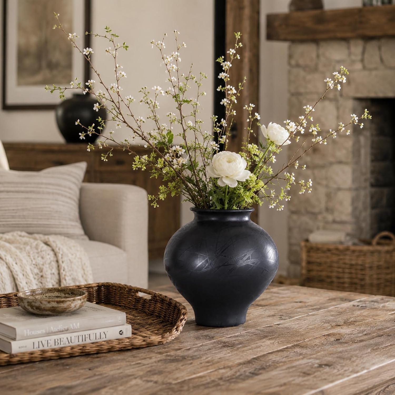 Large Black Ceramic Vase, 11 Inch Round Wide Mouth Flower Vase, Matte Pottery Urn for Centerpieces, Tabletop Decor for Entryway Dining Table Mantel Living Room