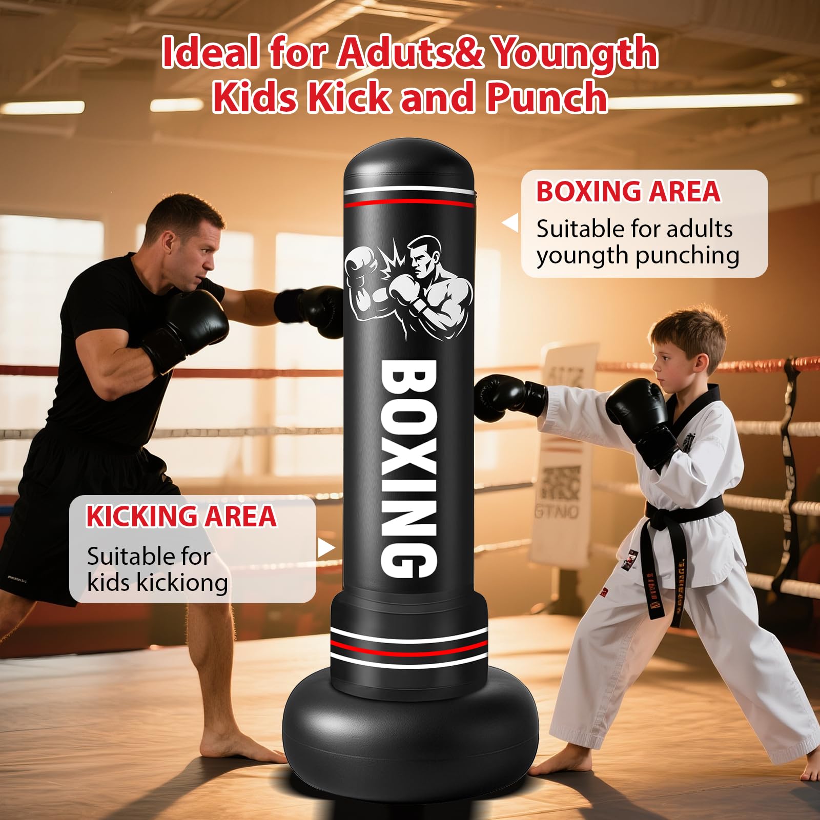 Qoosea Sacco da Boxe per Adulti, Stabile Pungiball Adulti Gonfiabile con Guantoni da Boxe, Sacchi da Boxe Gonfiabile per Pratica di Taekwondo Muay Thai Karate MMA Fitness