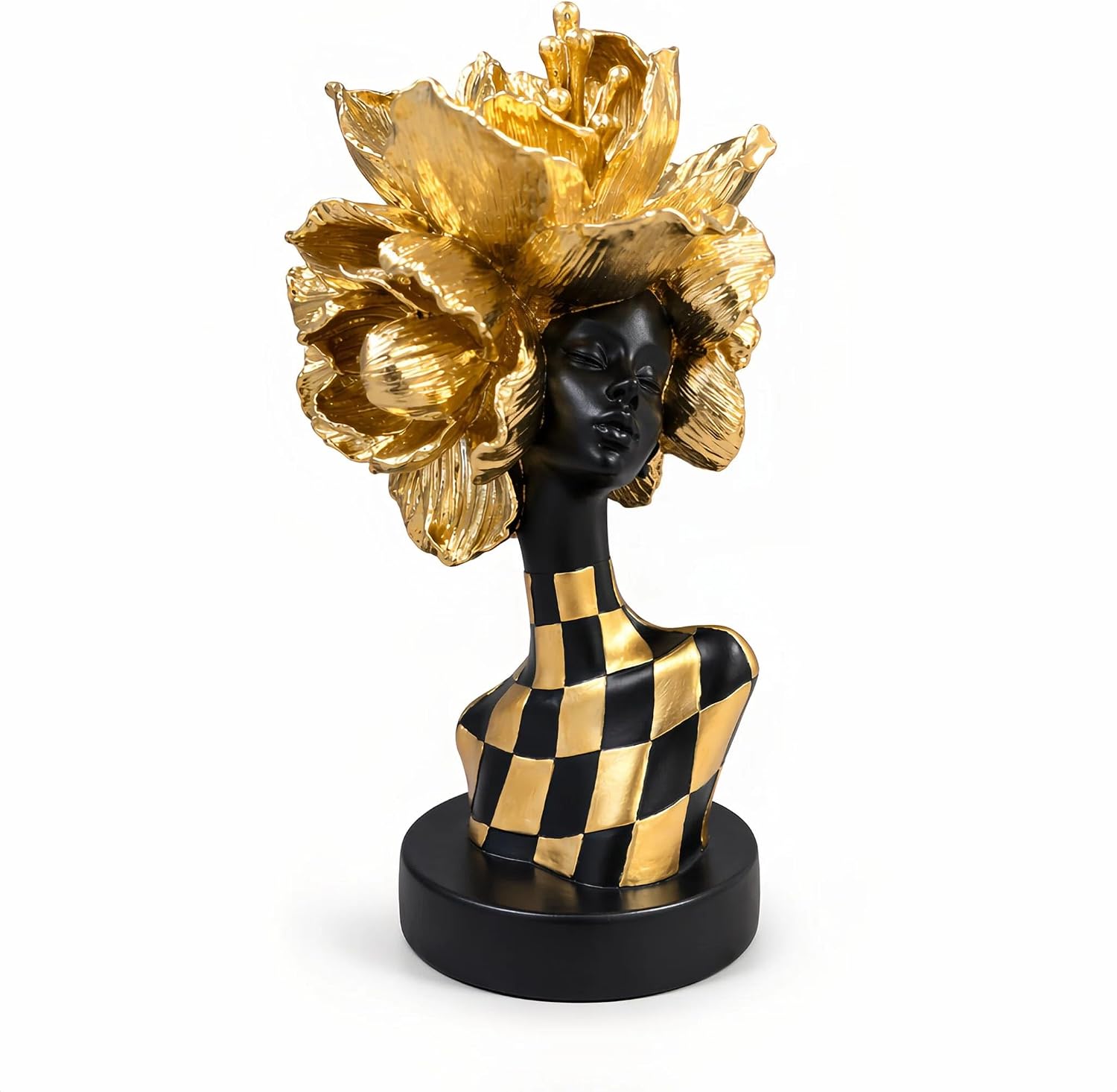 Lescafita Golden African Woman Statue – Luxurious Resin Figurine with Gold Floral Headpiece and Black-Gold Geometric Dress, Modern African Art Sculpture for Home and Office Décor