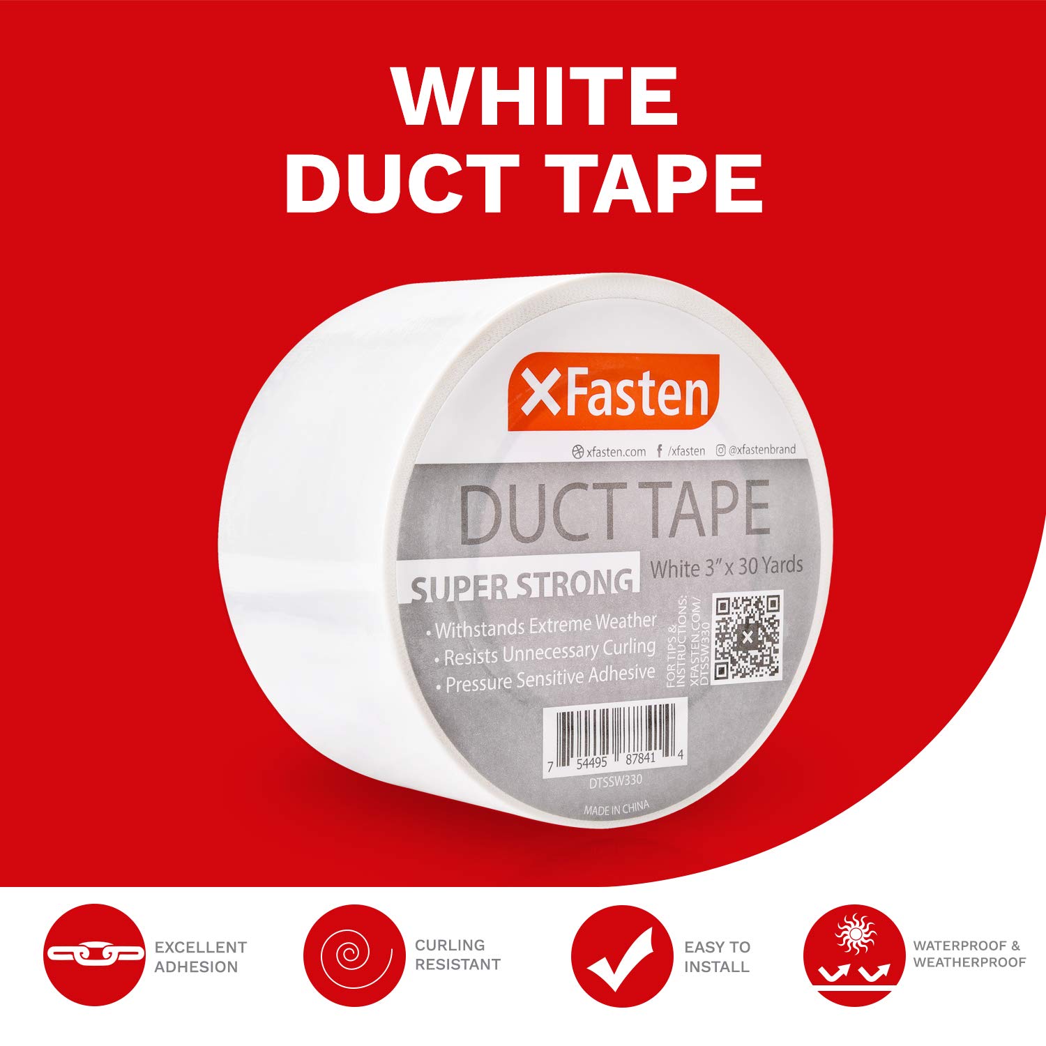 XFasten Super Strong Duct Tape, White, 3" x 30 Yards, Waterproof Duct Tape for Outdoor, Indoor, School and Industrial Use: Industrial & Scientific