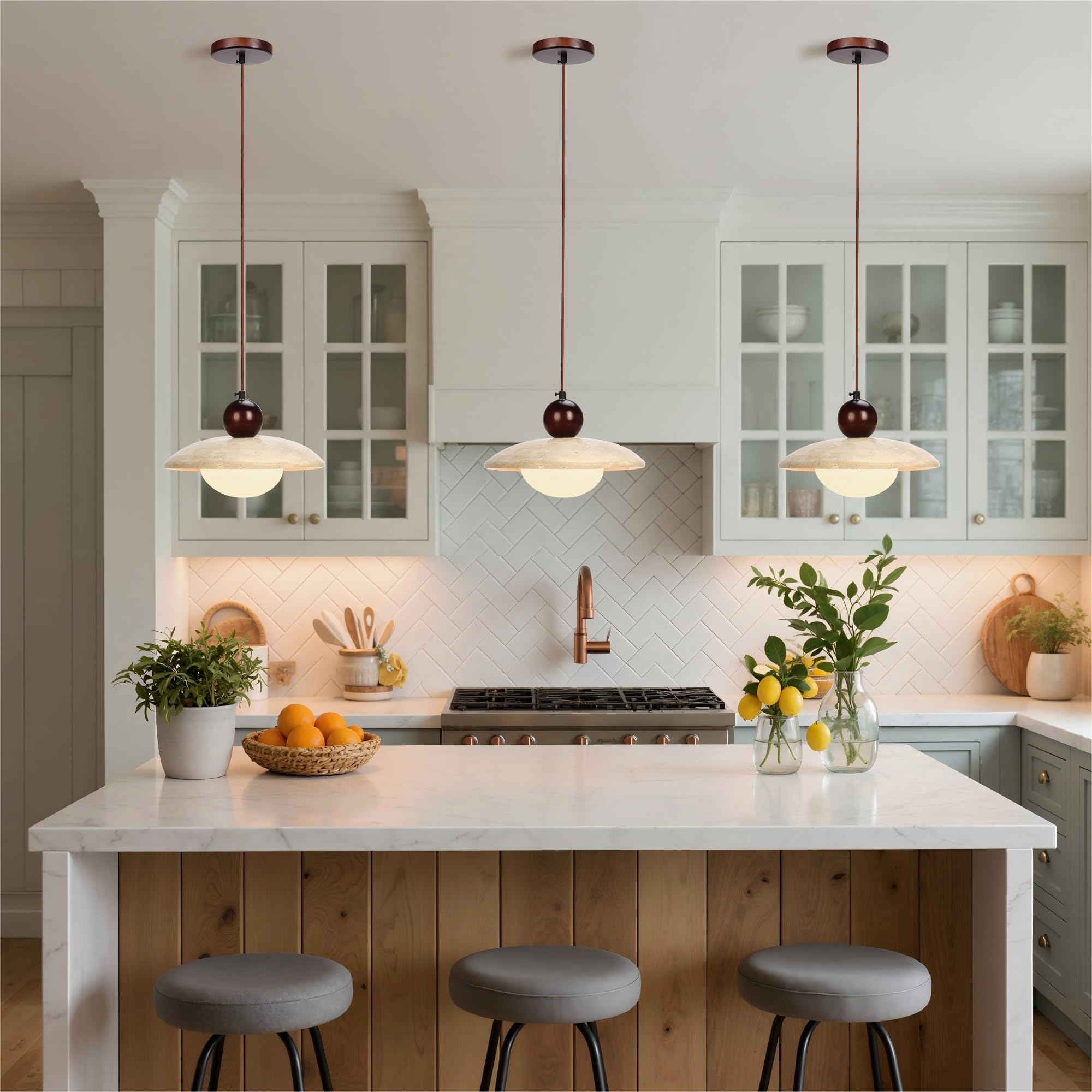 Yellow Travertine Wabi Sabi Pendant Light, Adjustable Japandi