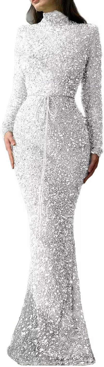 Sequin Mermaid Prom Dresses 2024 Sparkly High Neck Long Sleeve Bodycon Formal Evening Party Gowns with Belt