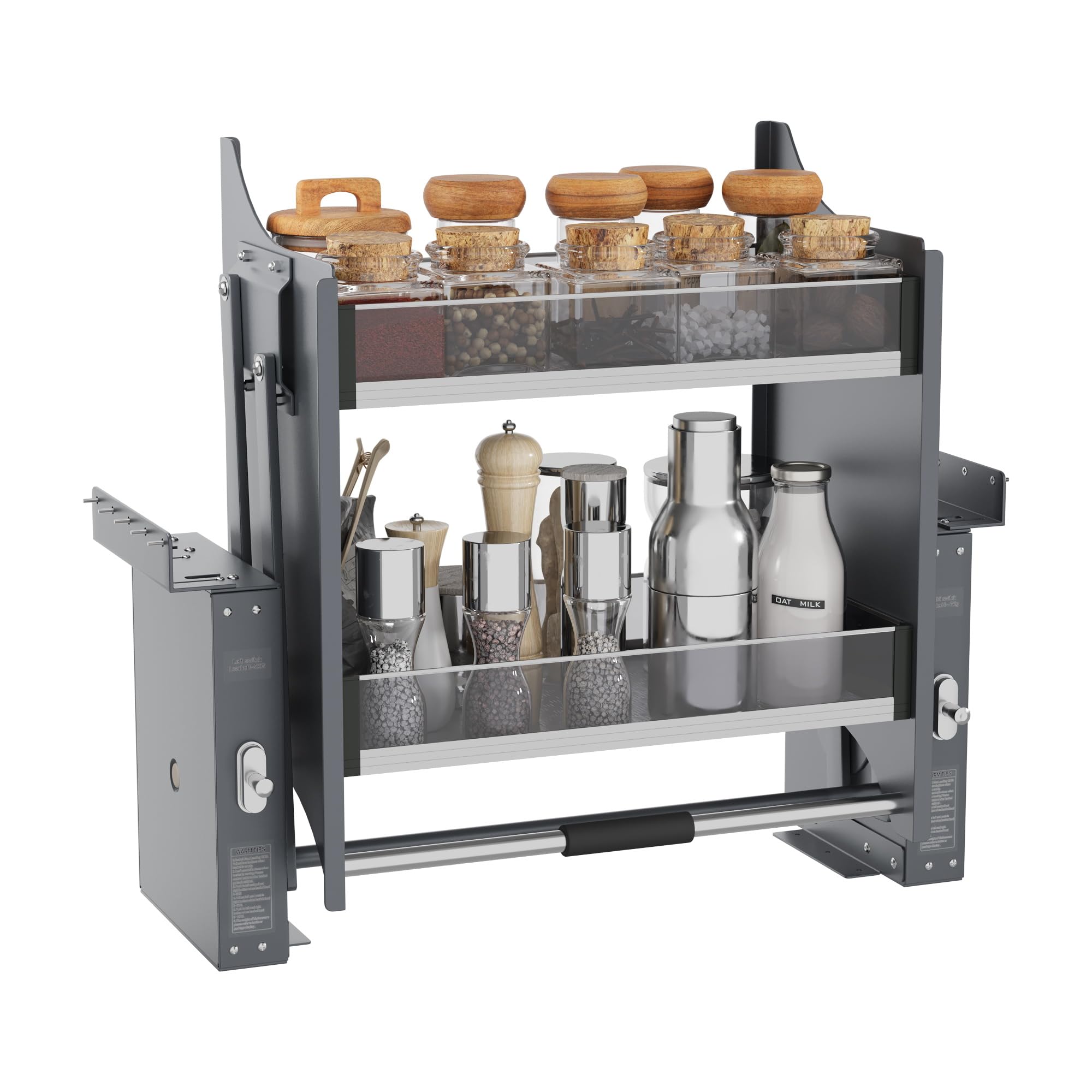 Heavy Duty Pull Down Organizer: 2-Tier Spice Racks for Tall Upper Cabinets, 26-28 inch Width, Grey