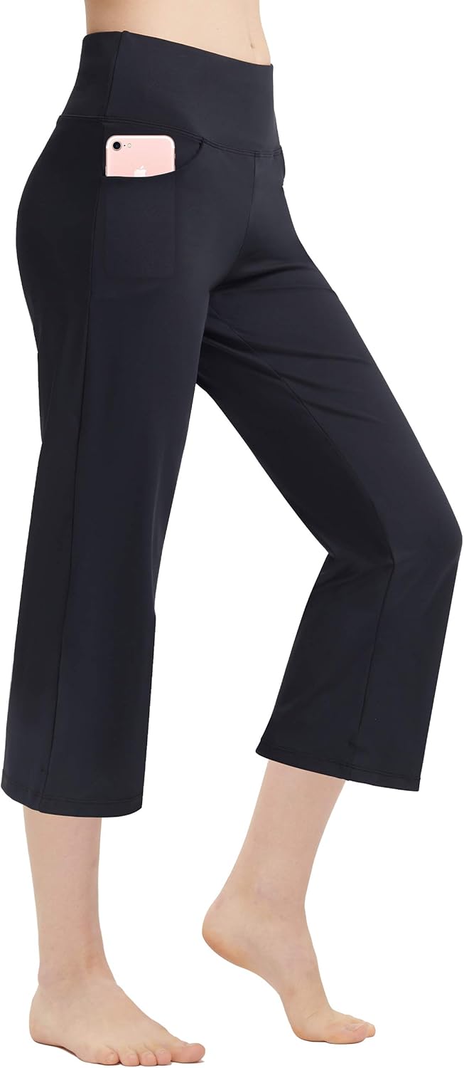 Zeronic Women's Yoga Capri Pants with Pockets Flare Workout Lounge Bootleg Leggings Bootcut Crop Exercise Pants
