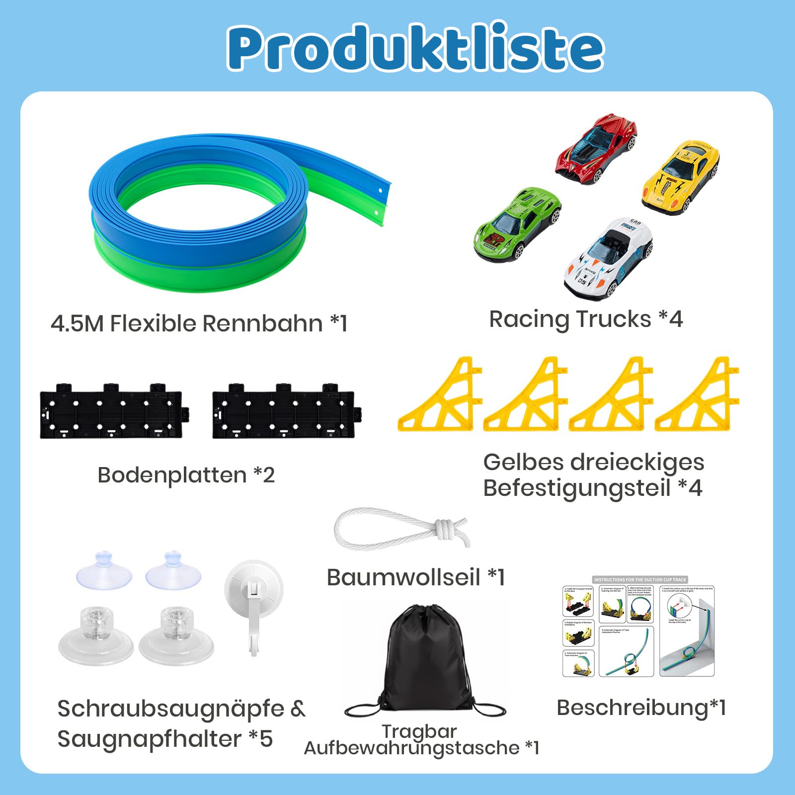 Flexible Autorennbahn Kinder 4.5M, Doppelspur Rennstrecke Tragbare Rennbahn mit 4 Autos,Rennwagen Auto Rennspiel Spielzeug Indoor Outdoor,Geschenke für Jungen Mädchen ab 3 Jahren (Blau&Grün)
