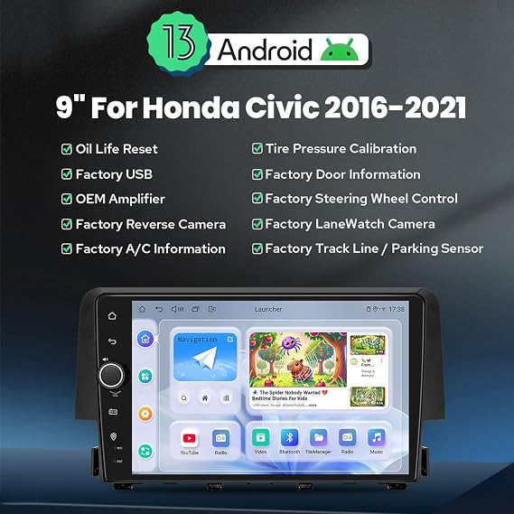 JOYING Car Radio for Honda Civic 2016-2021 Android 13 Car Stereo 9 Inch Head Unit with Carplay & Android Auto, Mirror Link, GPS Navigation, Bluetooth 5.0, Volume Knob(JY-HT145N4)