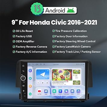 JOYING Car Radio for Honda Civic 2016-2021 Android 13 Car Stereo 9 Inch Head Unit with Carplay & Android Auto, Mirror Link, GPS Navigation, Bluetooth 5.0, Volume Knob(JY-HT145N4)