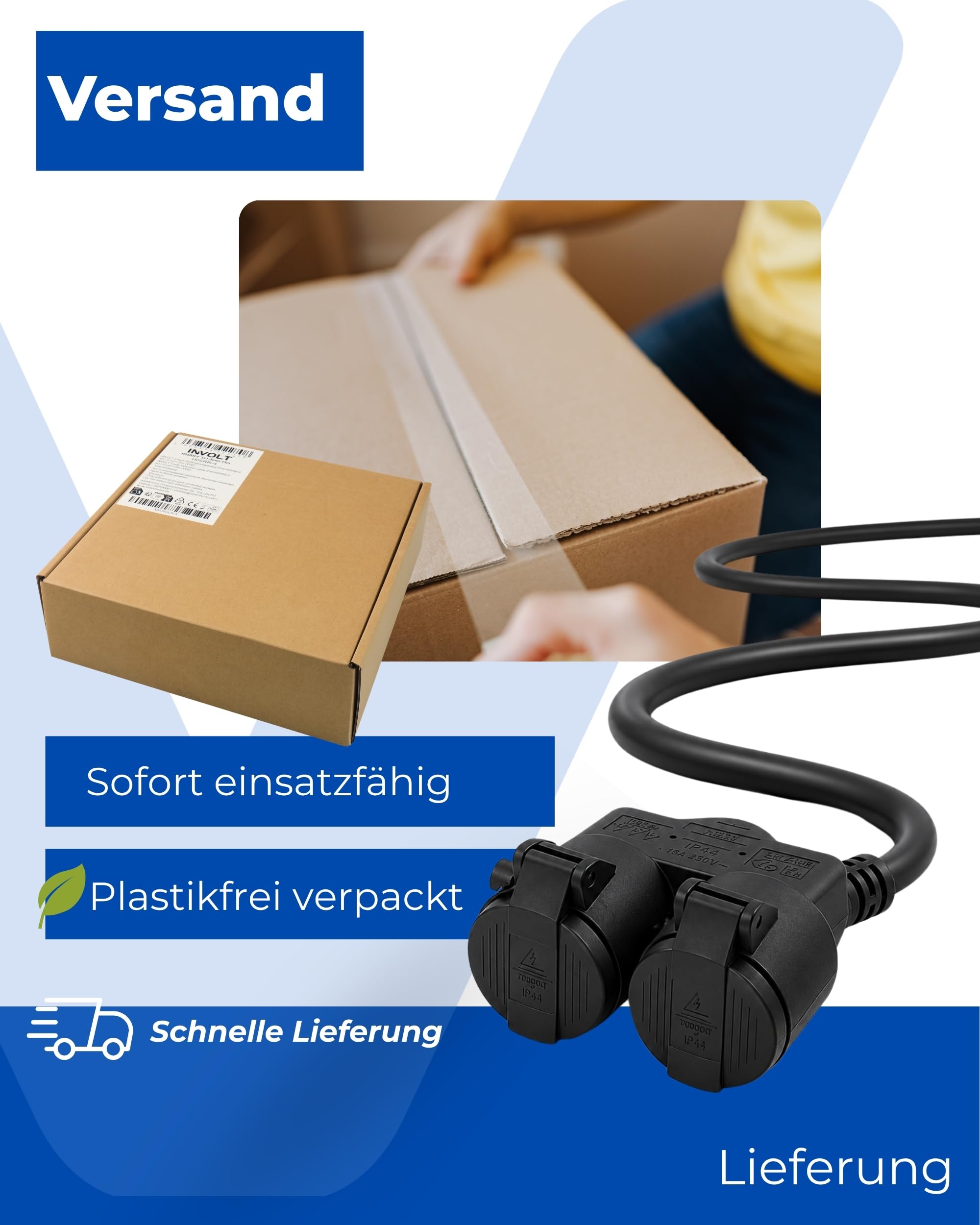 INVOLT 30m Verlängerungskabel mit 2 Schuko Steckdosen Außenbereich, IP44 H05RR-F 3G 1,5mm² schwarz Gummileitung für Garten Baustelle Werkstatt | Flexibel, Robust, IP44, Gummileitung für Garten Baustelle Werkstatt