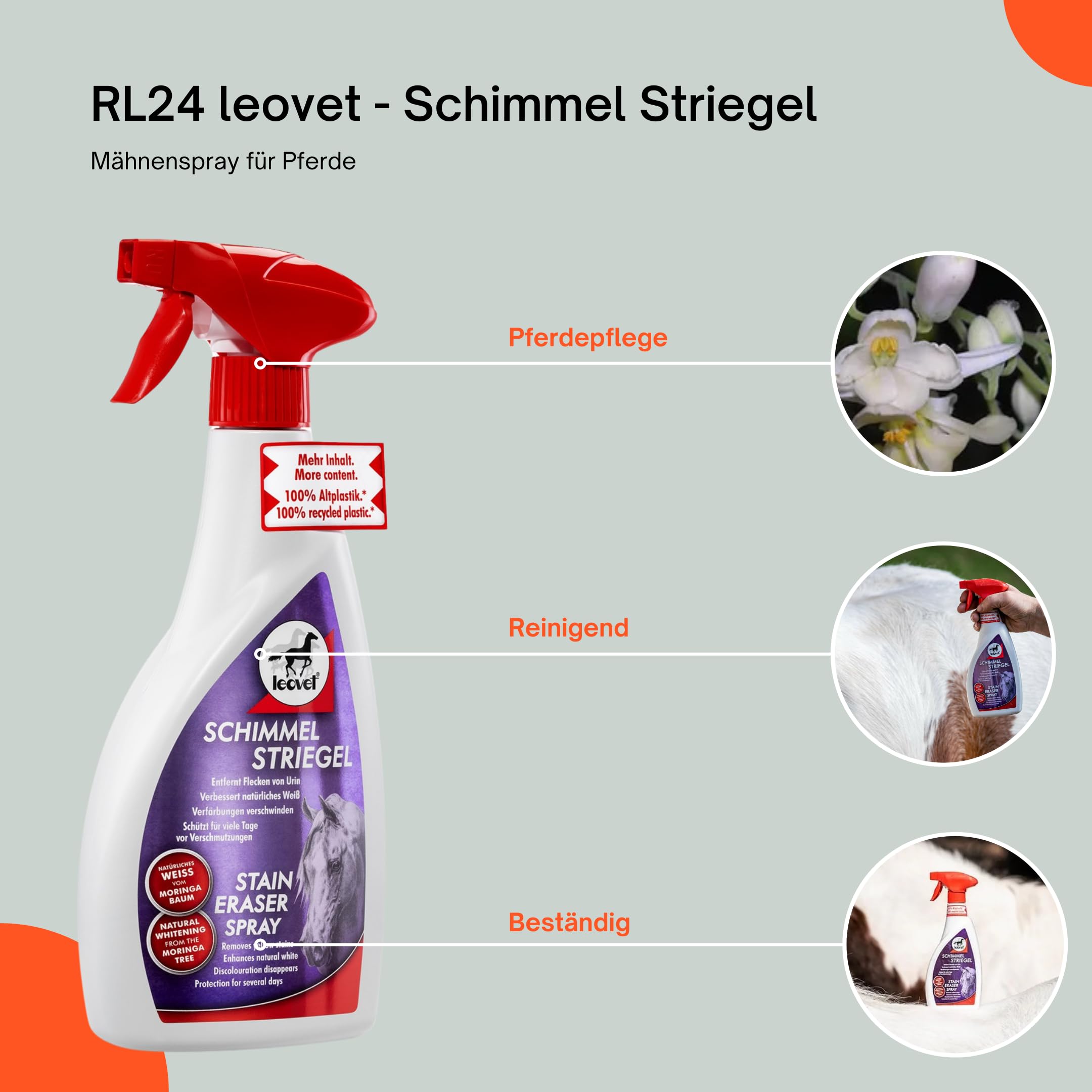 RL24 leovet - Schimmel Striegel | Mähnenspray für Pferde | entfernt Flecken & Verfärbungen | Schweifspray für brillanten Weißeffekt | stark rückfettende Fellpflege | 5 x 550 ml Spray (5er Set)