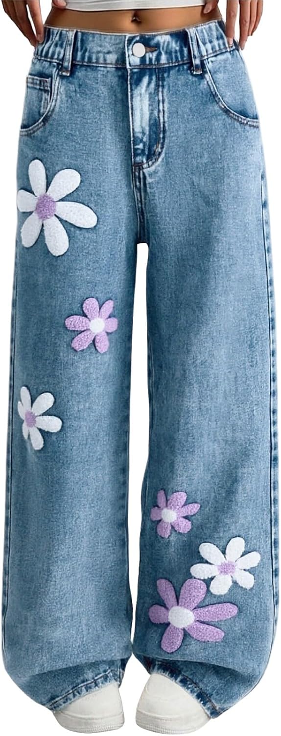 Flower Jeans for Girls Baggy Trendy Straight Wide Leg Y2k Denim Pants Teen Cute Embroidered High Waist Casual Trousers