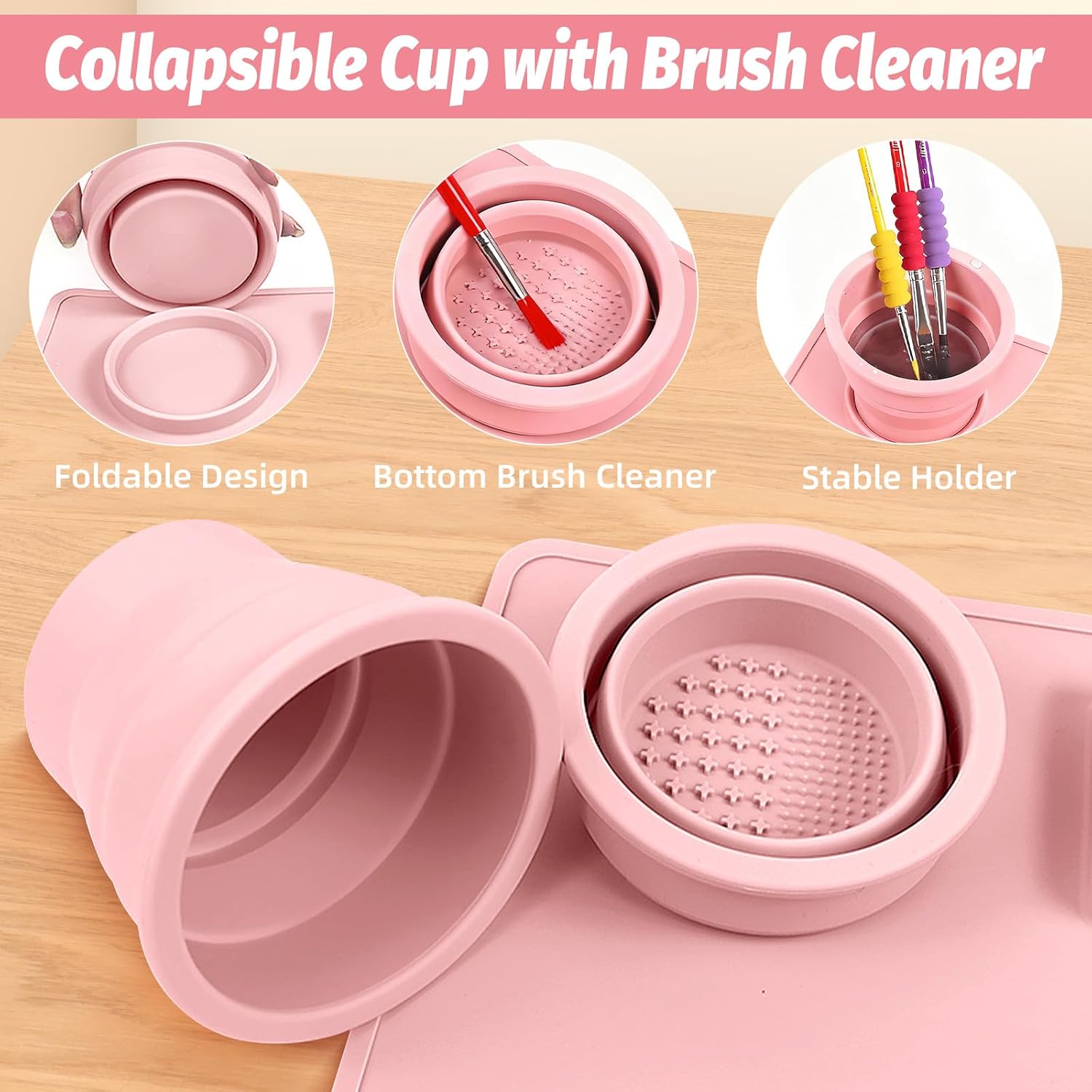 Silicone Painting Mat for Table Protection, 23.6 x 15.8in Drawing Mat with Nylon Brushes for Children, Art Mats with Cleaning Cup, Paint Palette, Clay Craft Mats for DIY (Pink)