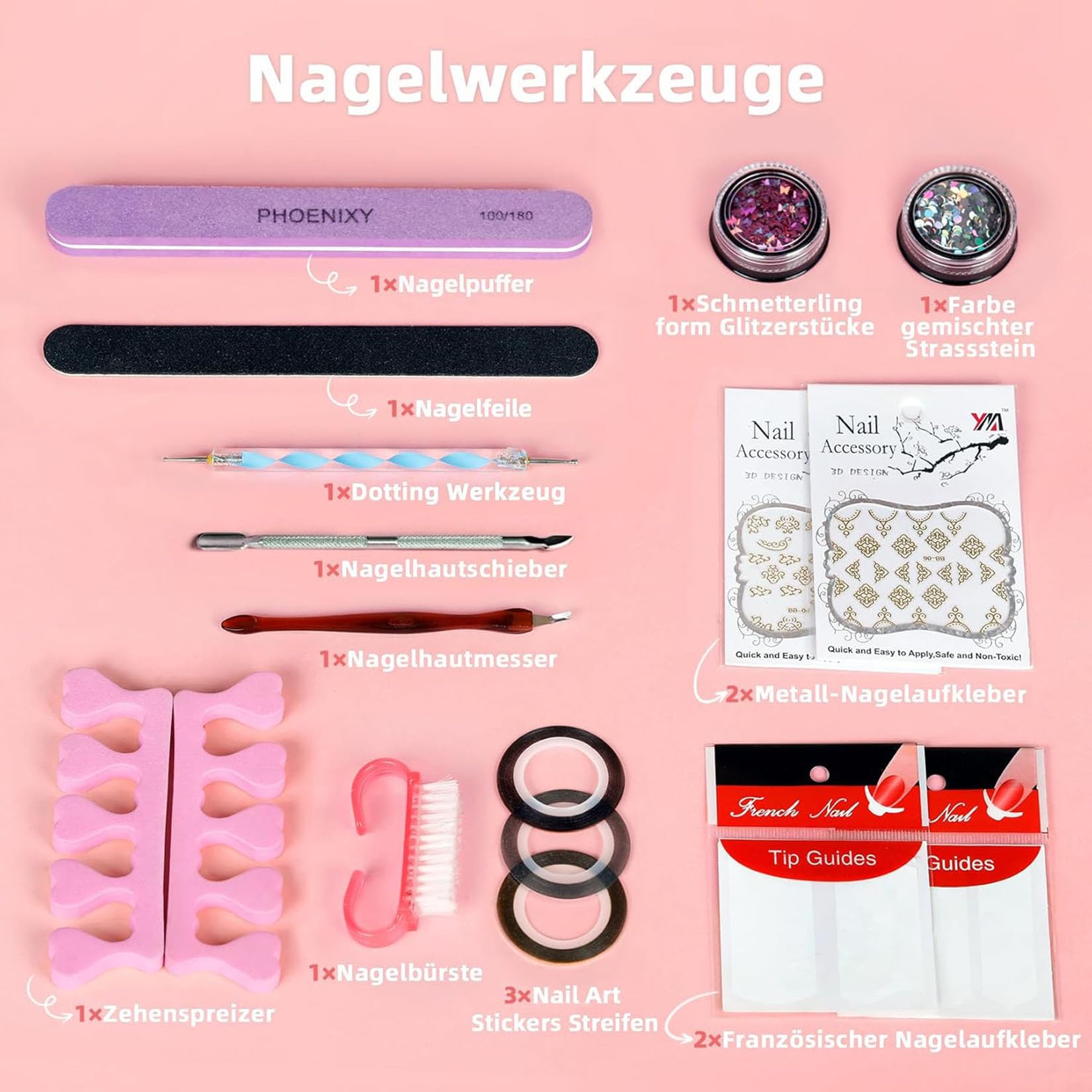 Phoenixy 29 Stück Nagelset Gelnägel Starterset, 24 Farben UV Nagellack Set mit Nageldesign und Werkzeuge, Gelnägel Set für Nagelkunst zu Hause