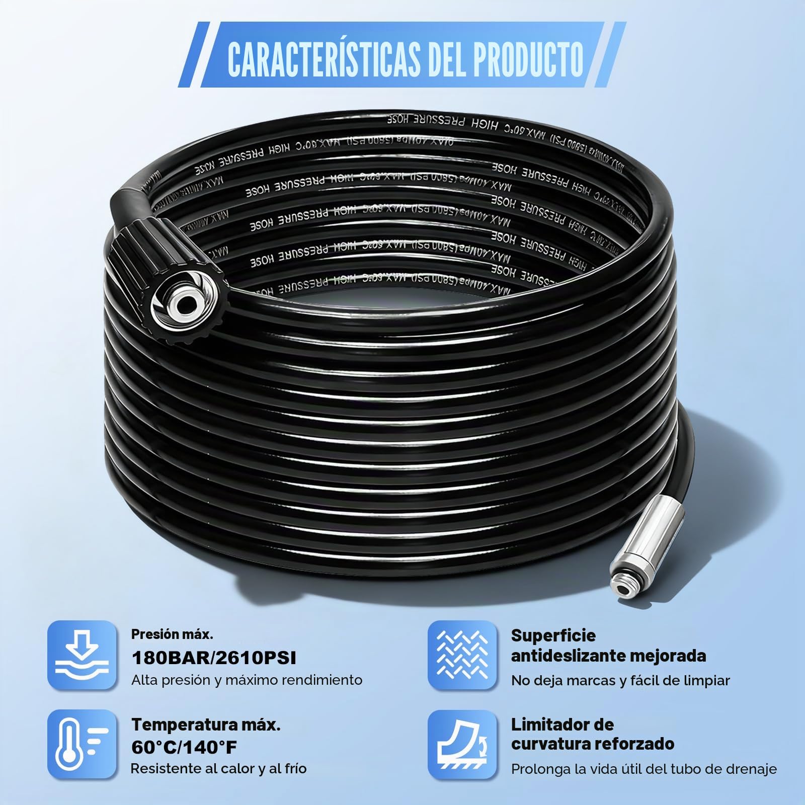 15m Manguera Desatascadora, Sonda Desatascadora de 400 Bar/5800PSI con Adaptador, 2 Boquillas (de Chorro y Giratoria) y 1 Cinta de Teflón, Compatible con Kärcher K2-K7 para Uso Doméstico