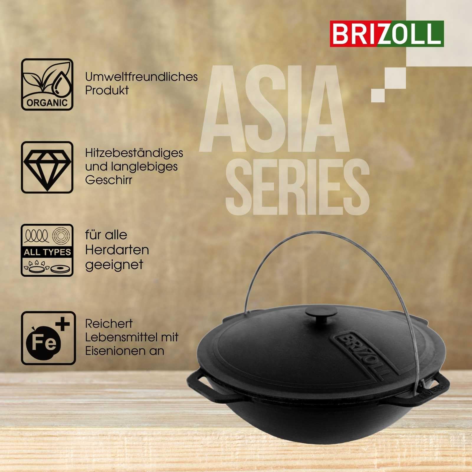 4BIG.fun 10L Gusseisen Schwenktopf Kazan Asia Kasan mit Deckel aus Gusseisen Grillwok Wokpfanne Grill Cast Iron Campingtopf Kessel Wok Traditioneller