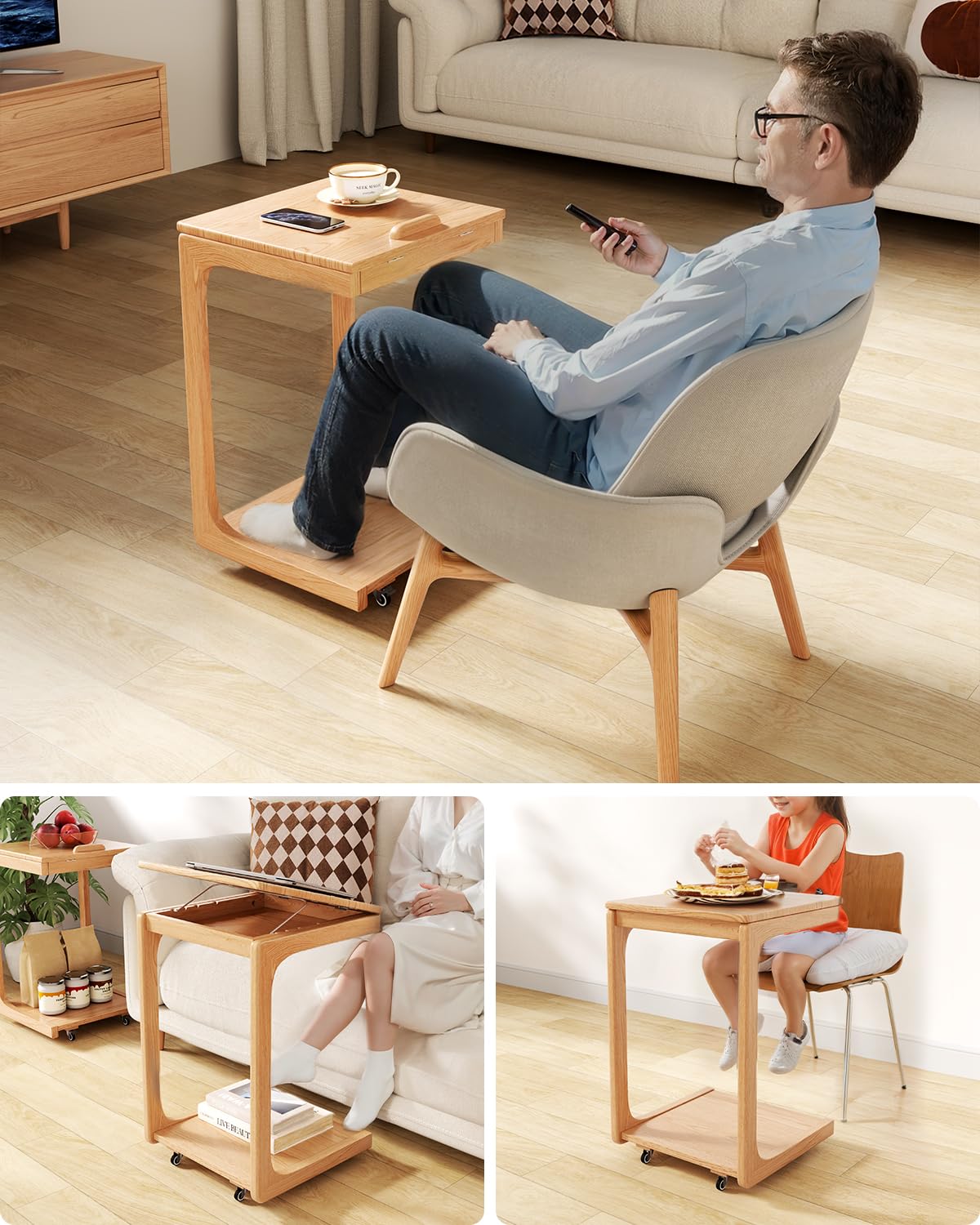 AQIMUELE Tavolino laterale in legno, tavolo per divano con ruote, a forma di C, tavolino da caffè mobile,40P x 40l x 63H cm, per caffè e computer portatile (Naturale)