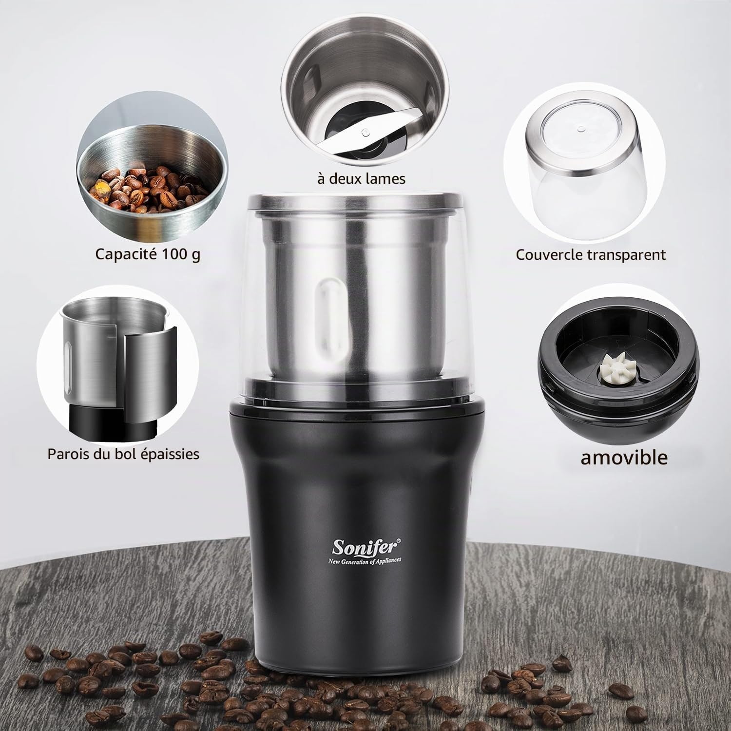 Moulin à épices électrique - 100 g - Puissance : 300 W - Récipient amovible en acier inoxydable pour moudre les grains de café, les noix, les épices, les céréales et les herbes