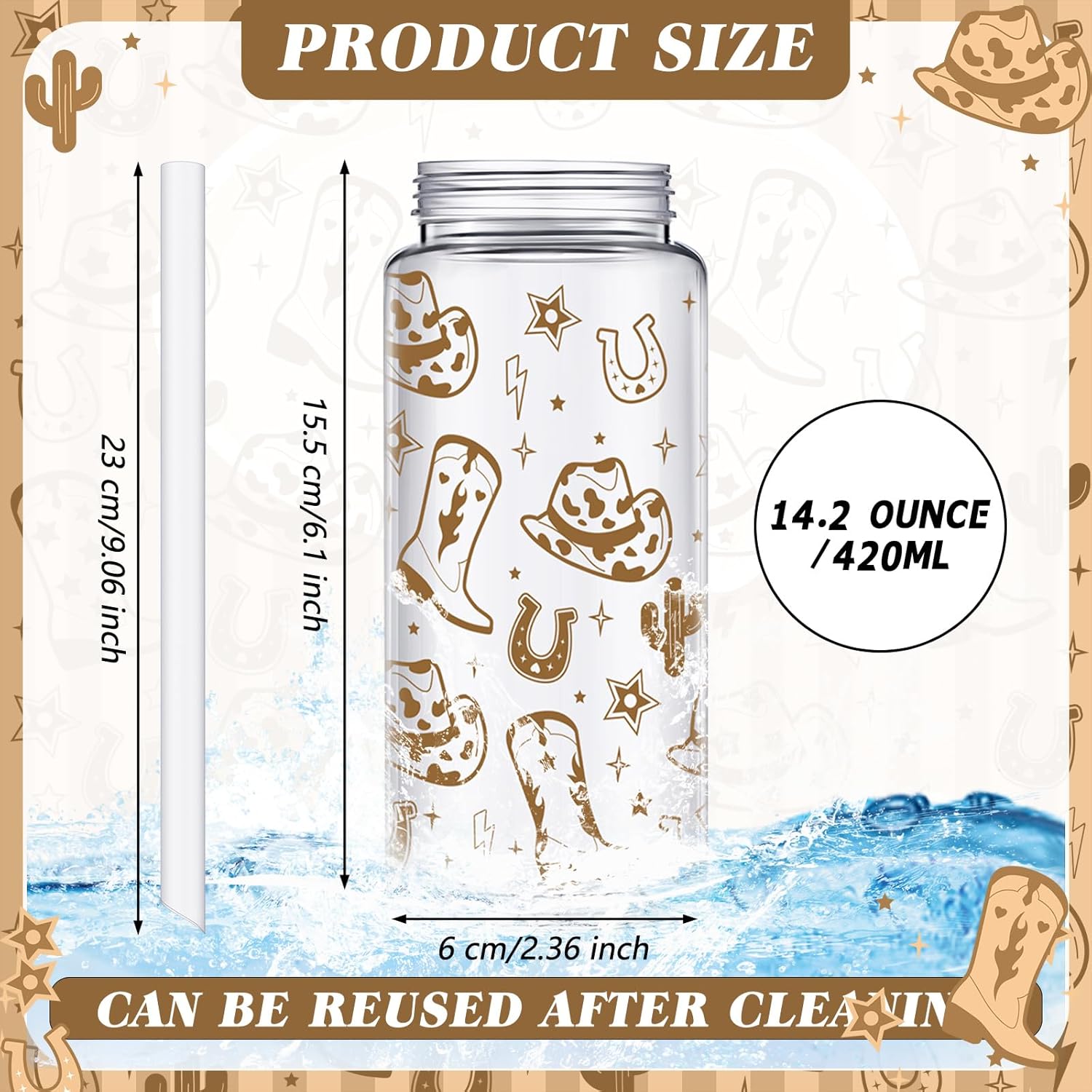 Qinyoung 24 Pcs Western Cowgirl Cowboy Plastic Tumbler 14.2 oz Cowgirl Party Favors Reusable Cups with Lids and Straws Decoration Iced Coffee Cup Valentine's Gift(Classic Style,Brown) - Image 3