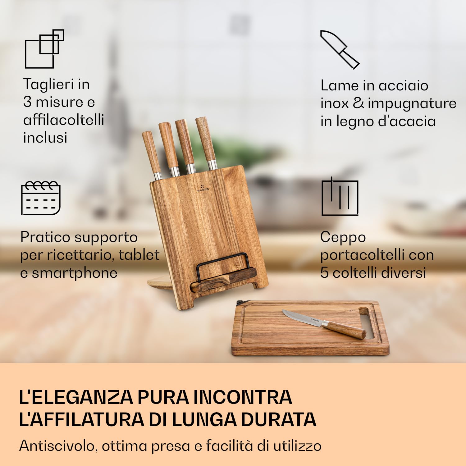 Klarstein Coltelli da Cucina Professionali 5 Pezzi, Set Coltelli da Cucina con Ceppo Magnetico, 5 da in Acciaio Legato, Set da Professionali Anti Graffio